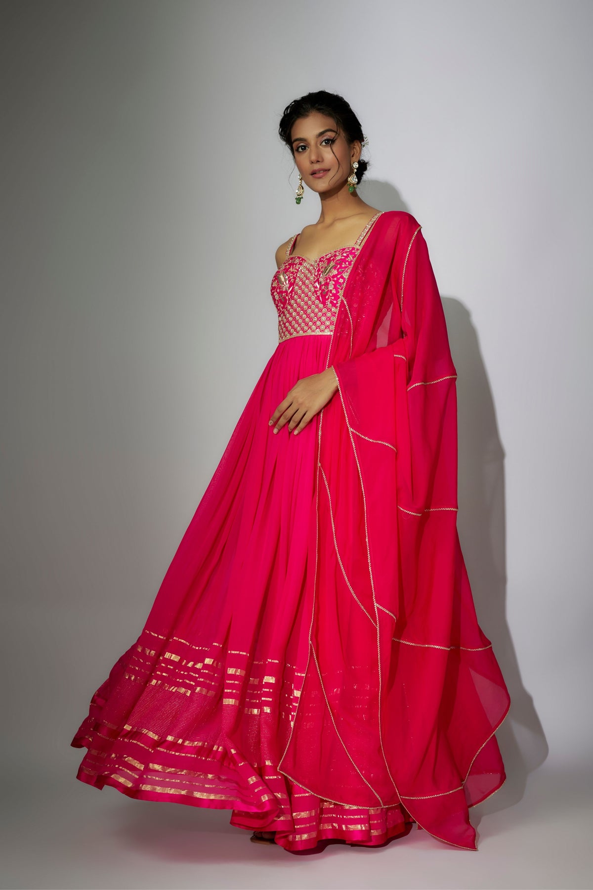 Hot Pink Off- Shoulder Gown With Dupatta