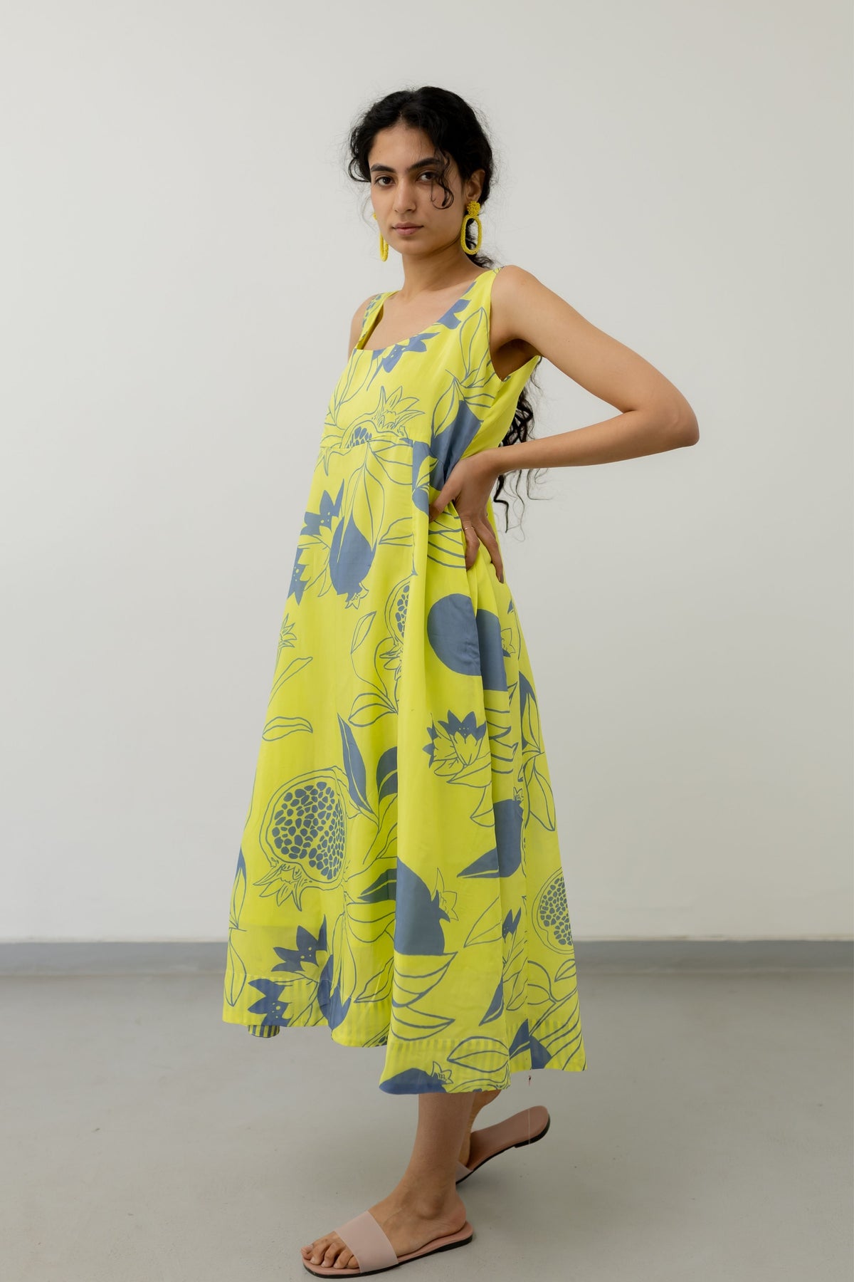 Yellow Grey Pomegranate Print Dress