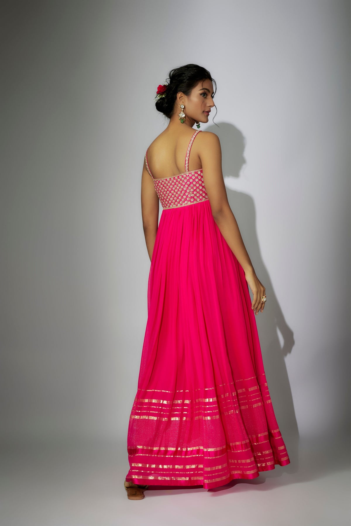 Hot Pink Off- Shoulder Gown With Dupatta