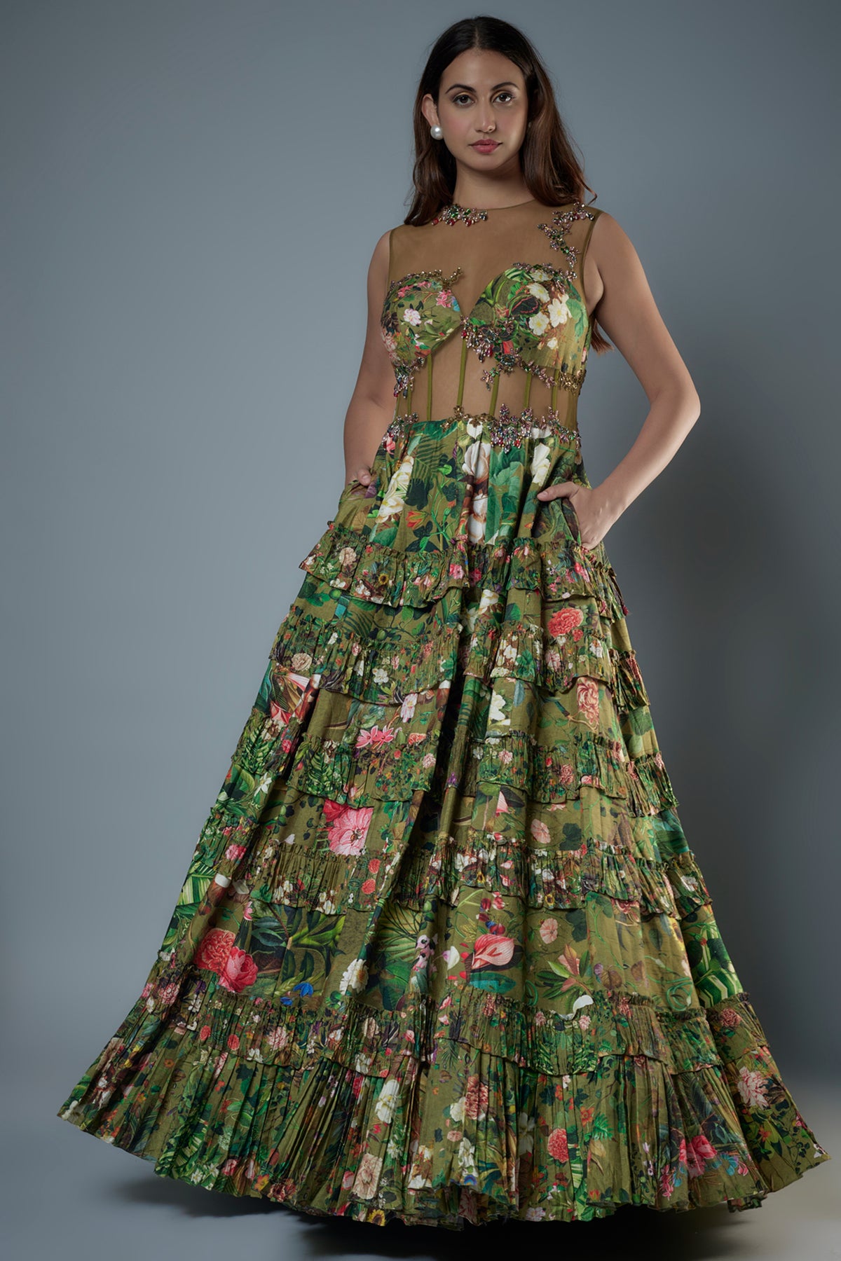 Embroidered Botanical Printed Gown