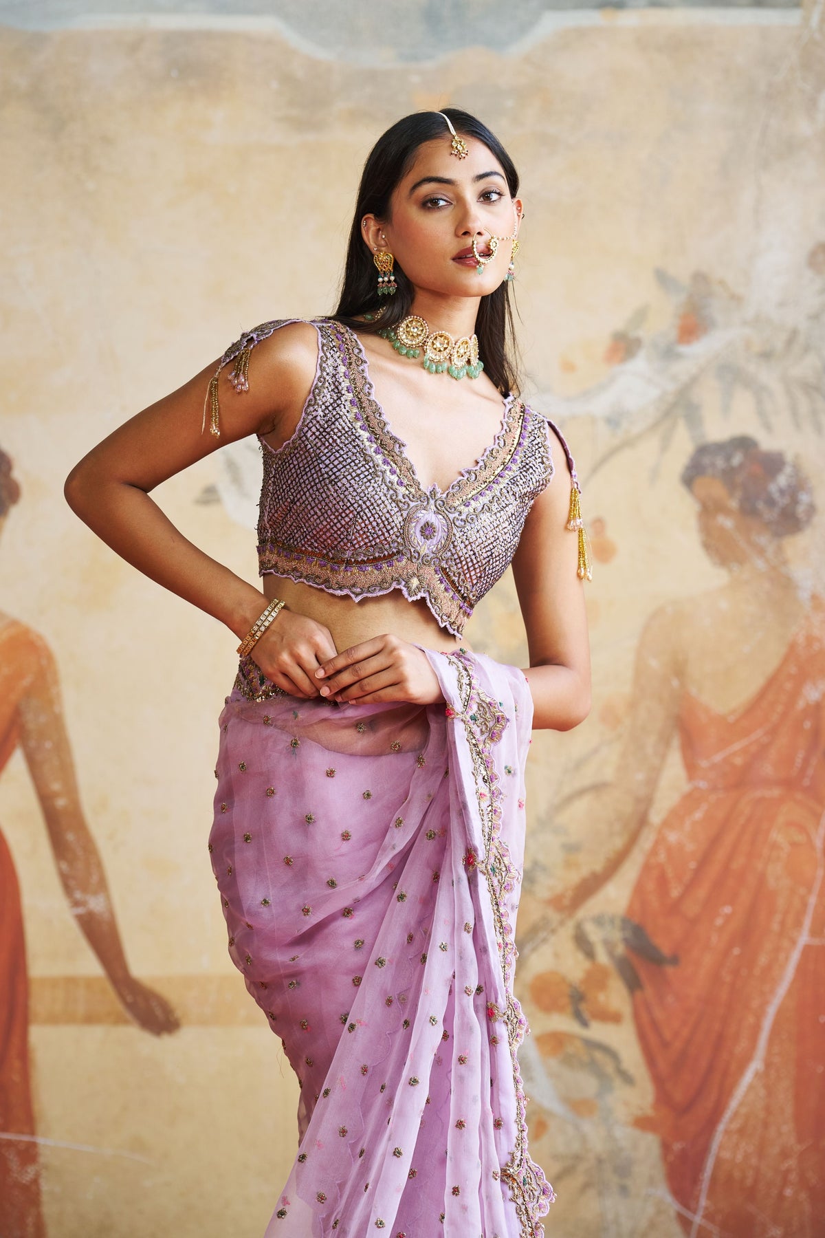 Lavender Organza Saree Set