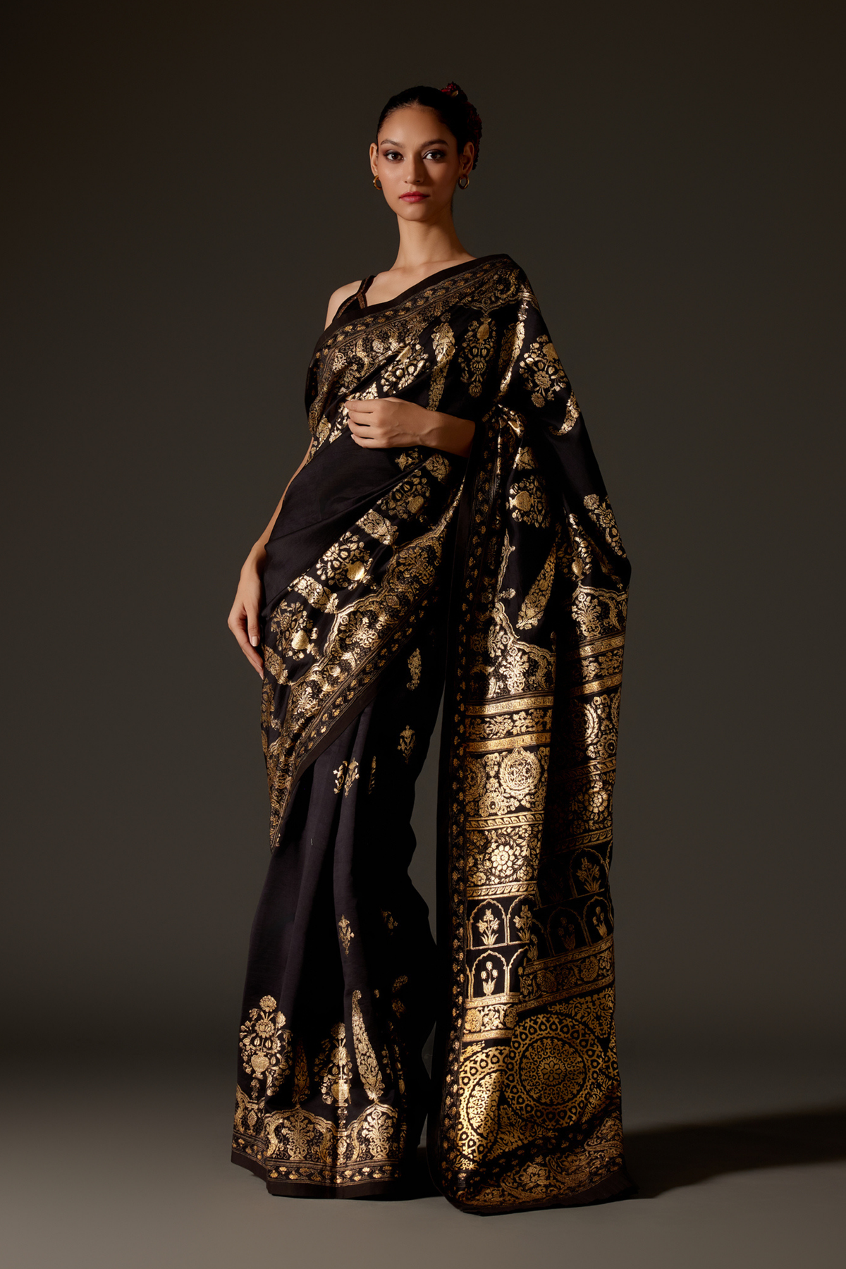 Black Chanderi Saree With Foil Print