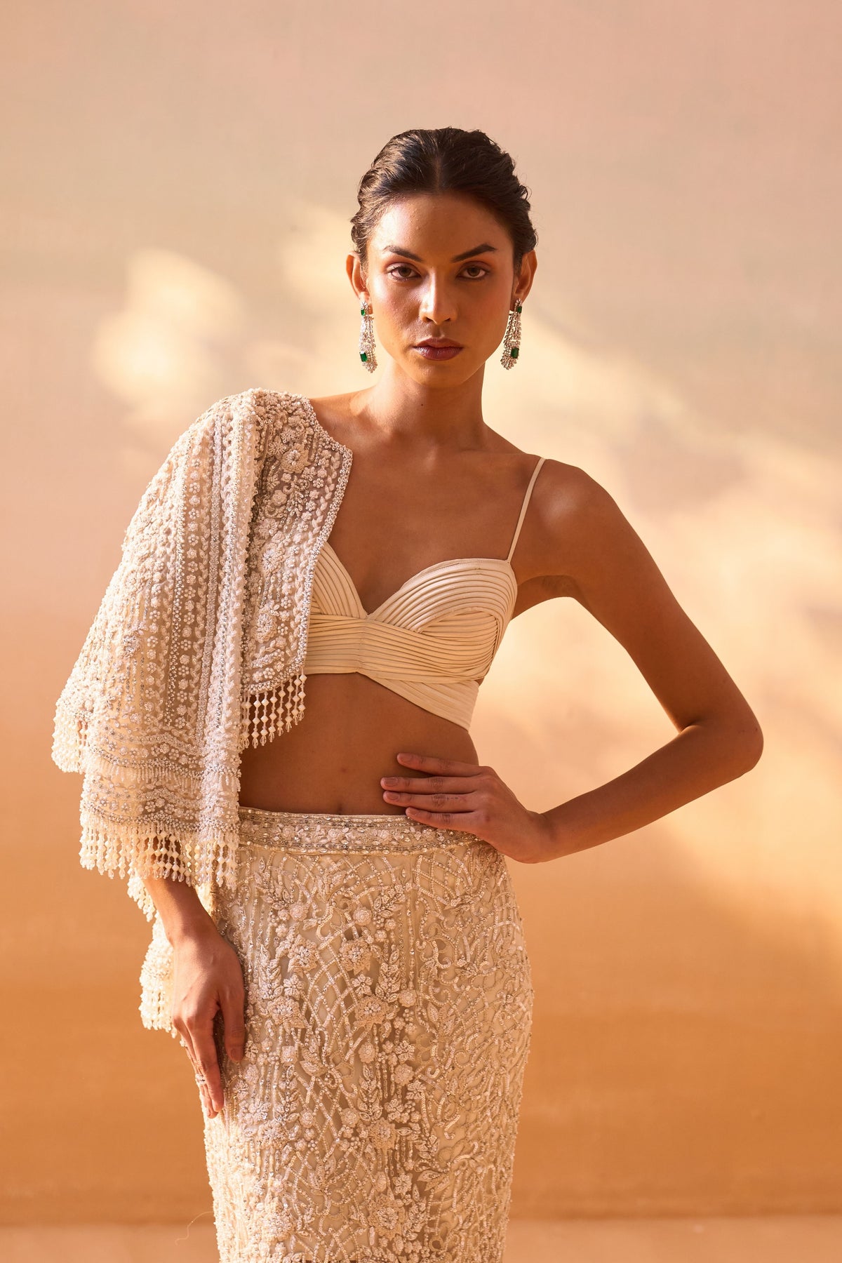 Ivory Trail Skirt With Pleated Croptop and Veil