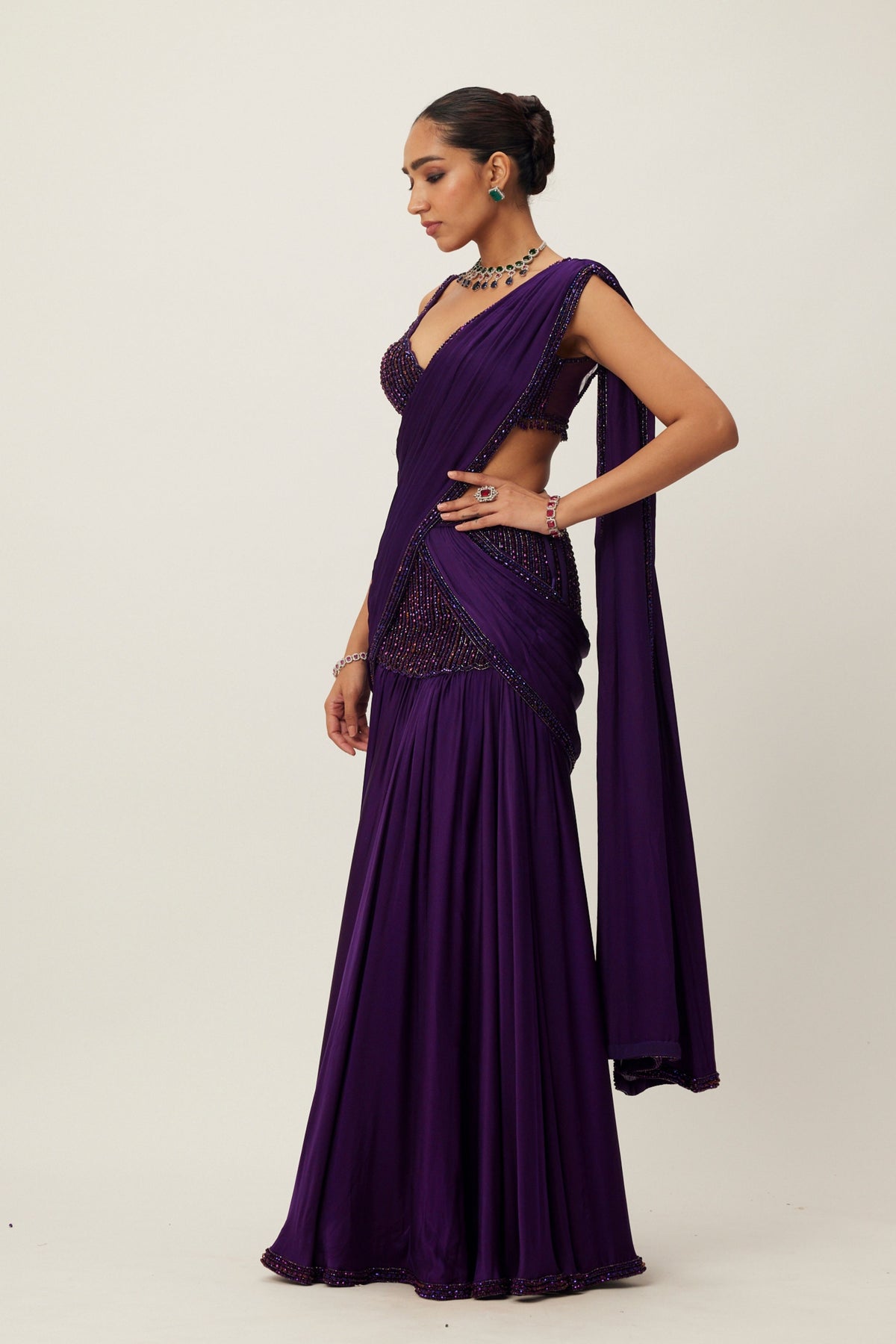 Purple Pre Draped Saree Set