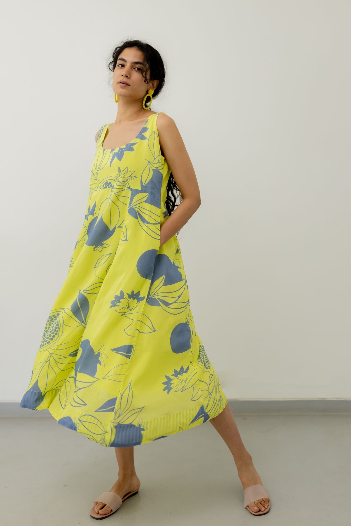 Yellow Grey Pomegranate Print Dress