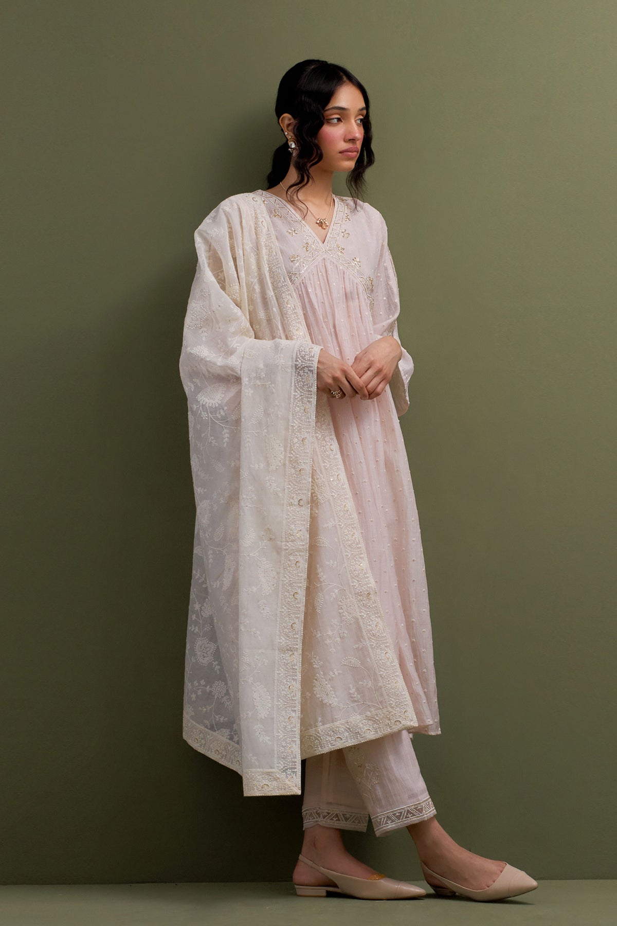 Pink Embroidered Gather Kurta Set With Dupatta