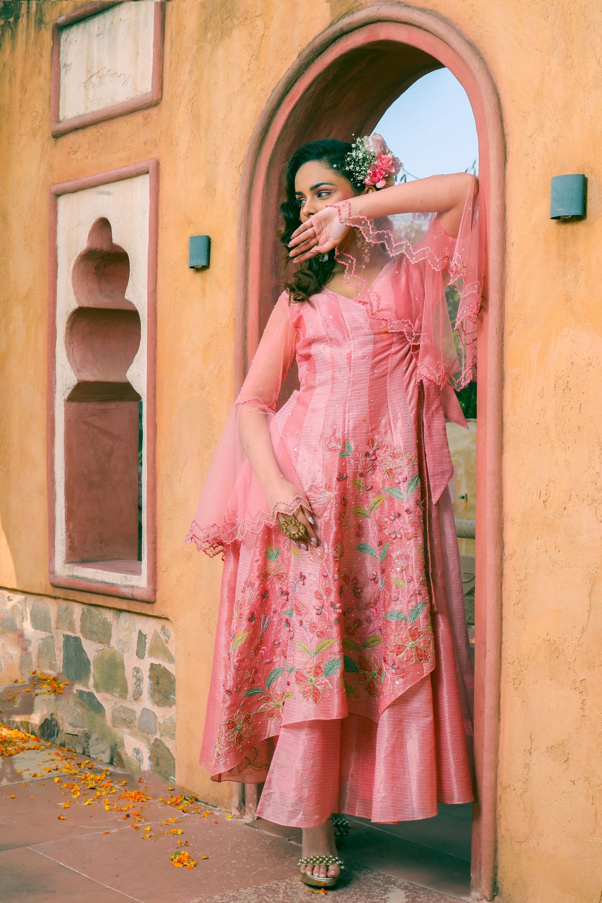 Peach Embroidered Angrakha Kurta Set