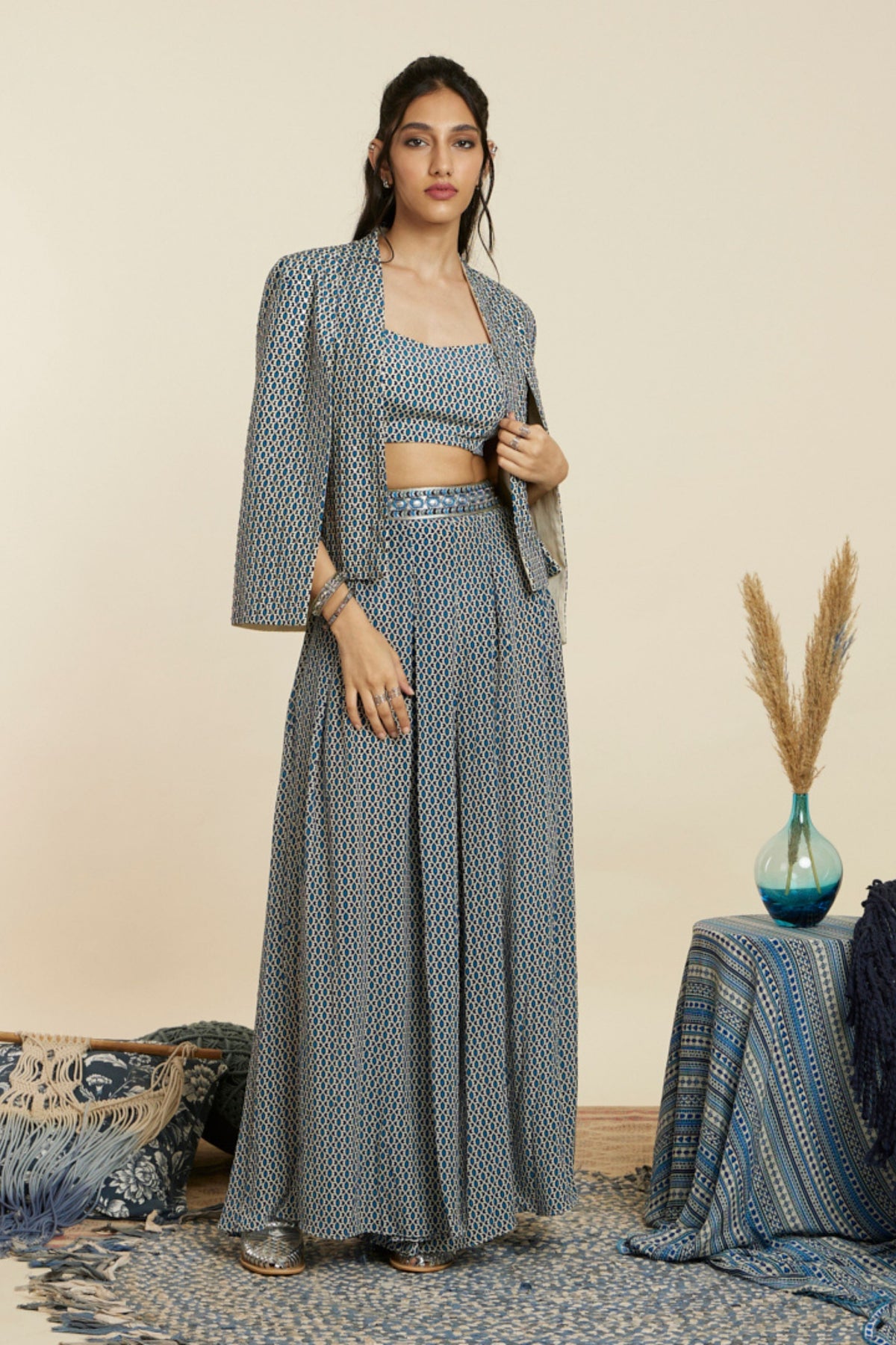 Blue Geo Print Noor Jacket Set