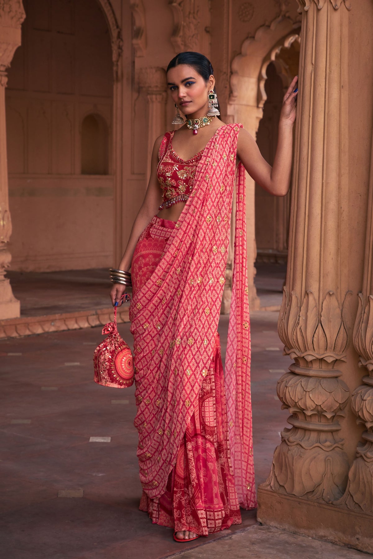 Maroon Thikri Print Draped Saree Set