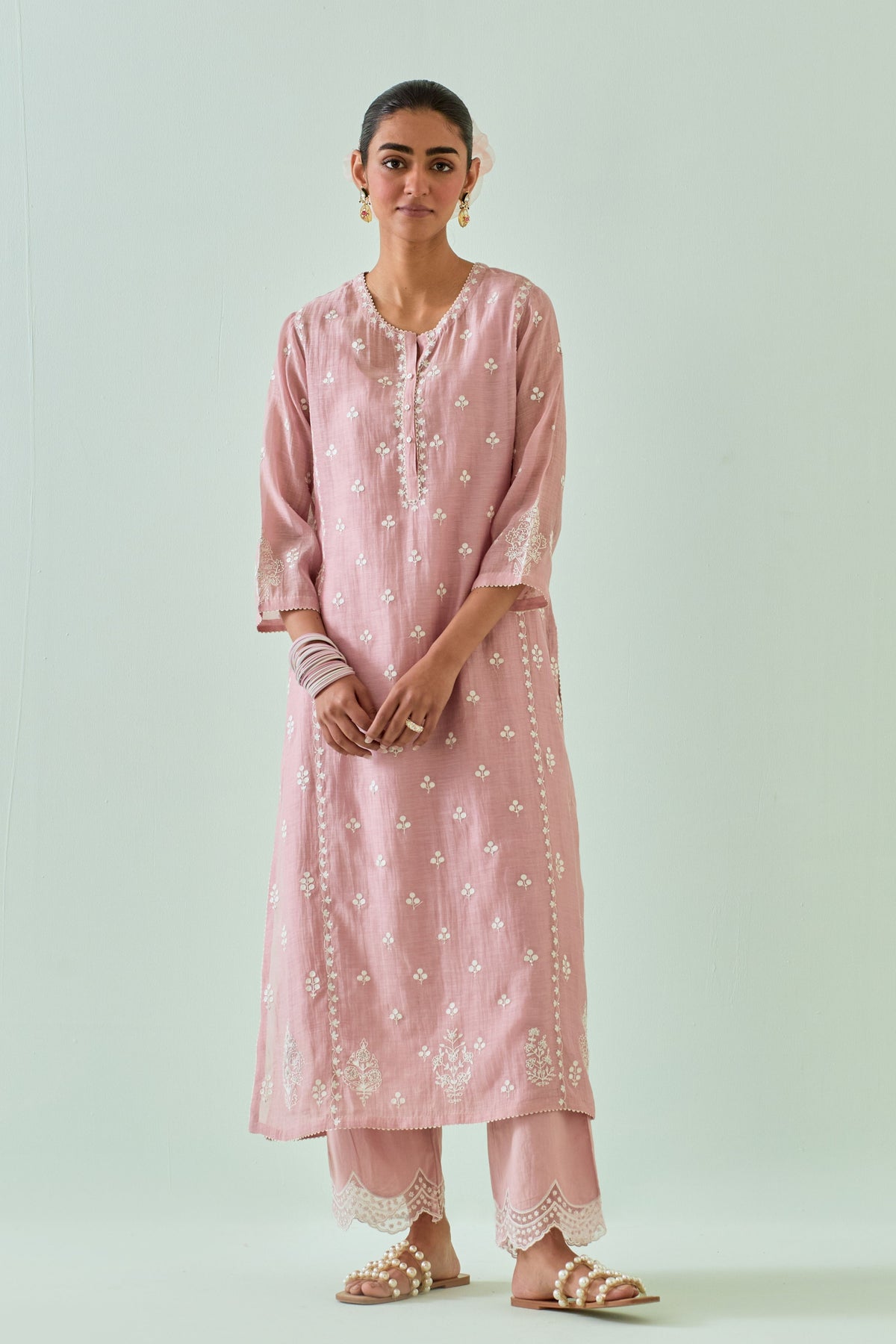 Pink Scalloped Straight Kurta Set