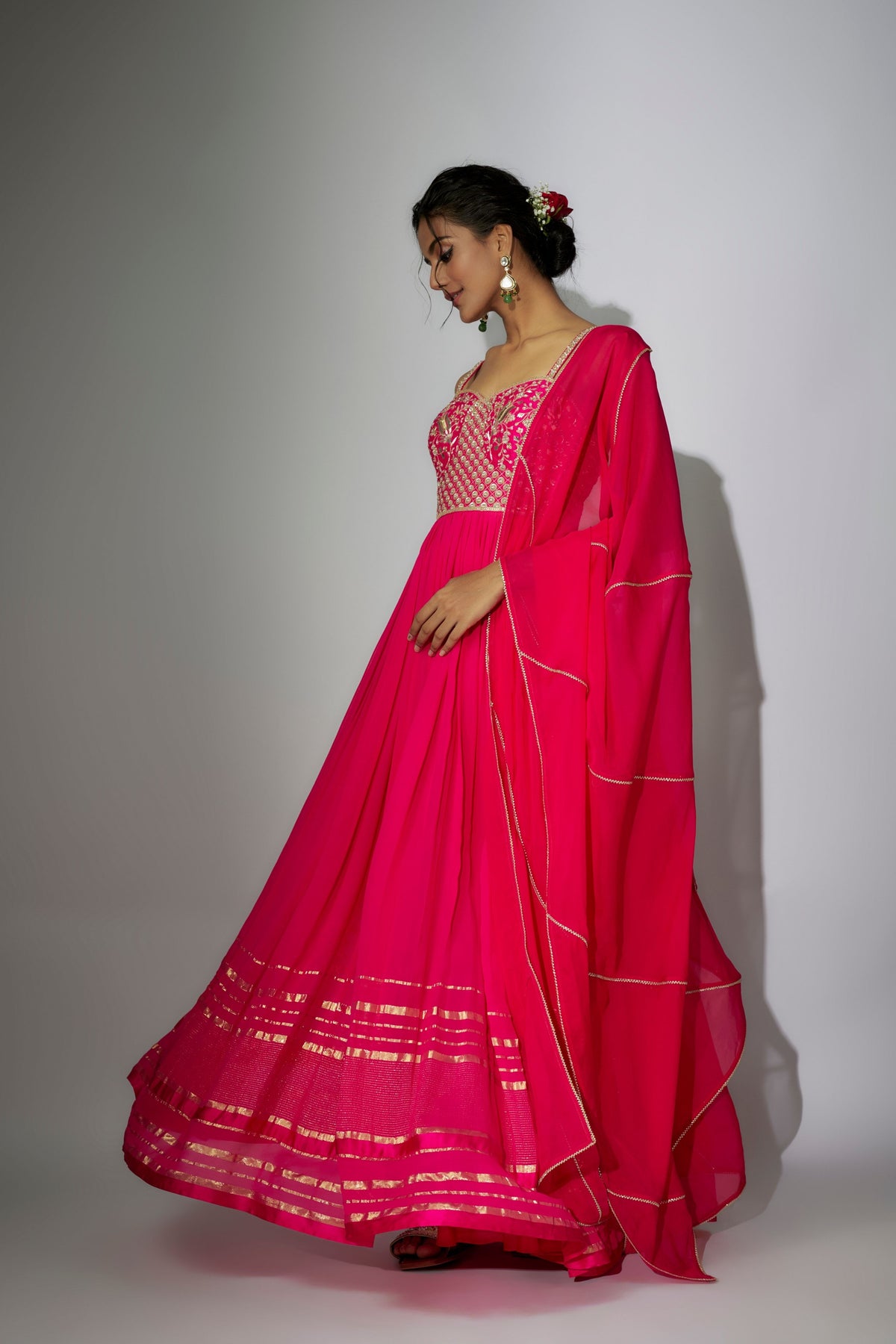 Hot Pink Off- Shoulder Gown With Dupatta