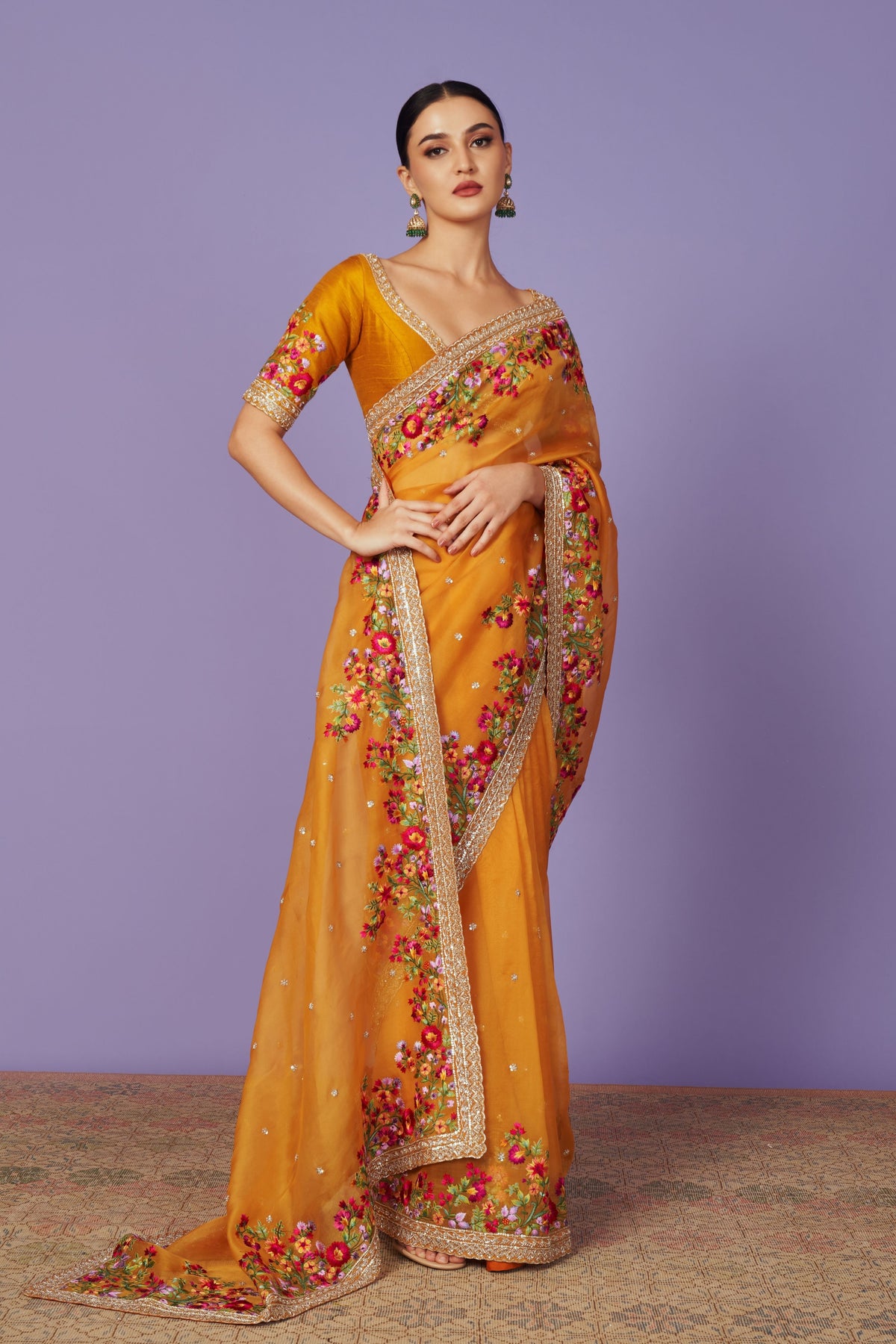 Multi Thread Mustard Saree Set