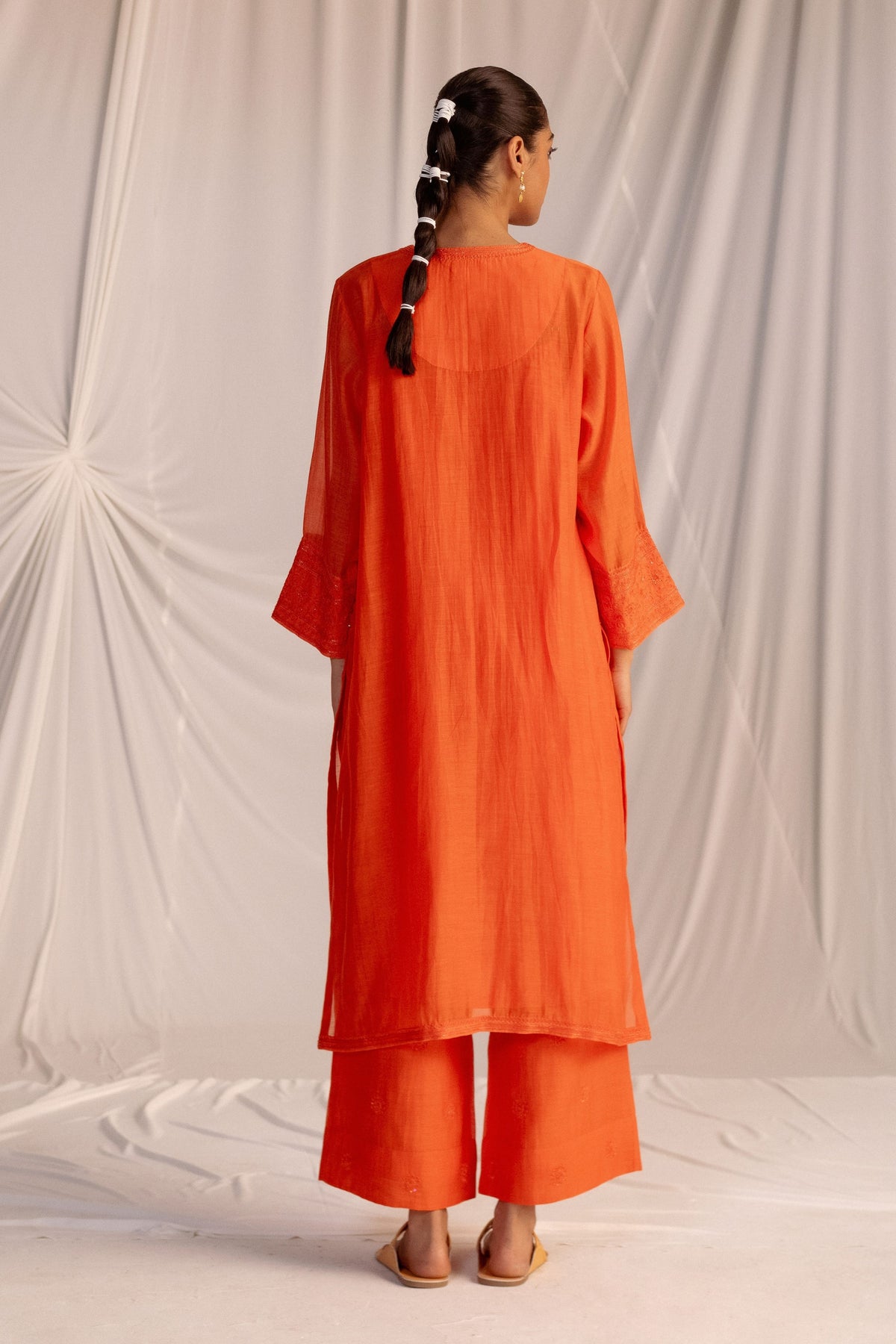 Orange Embroidered Tunic &amp; Trouser Set