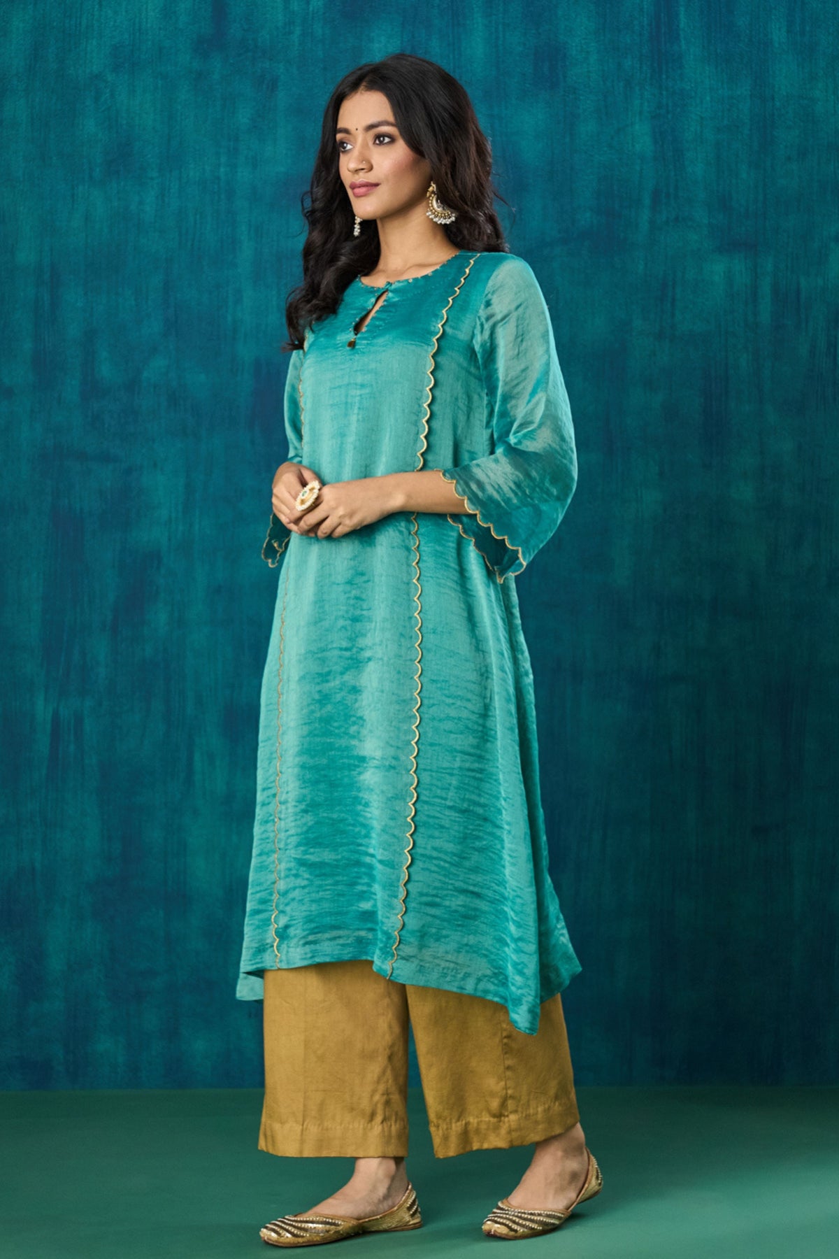 Teal Zari Stripe Kurta Sets