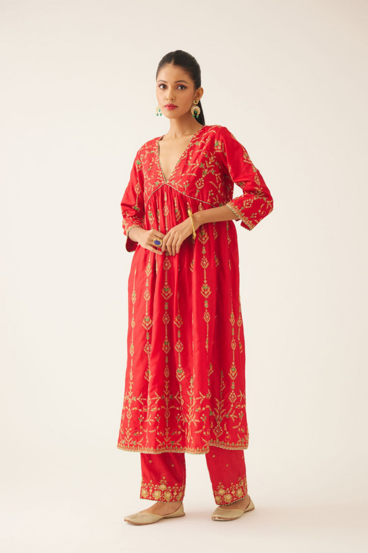 Red Silk Embroiderd Kurta Set