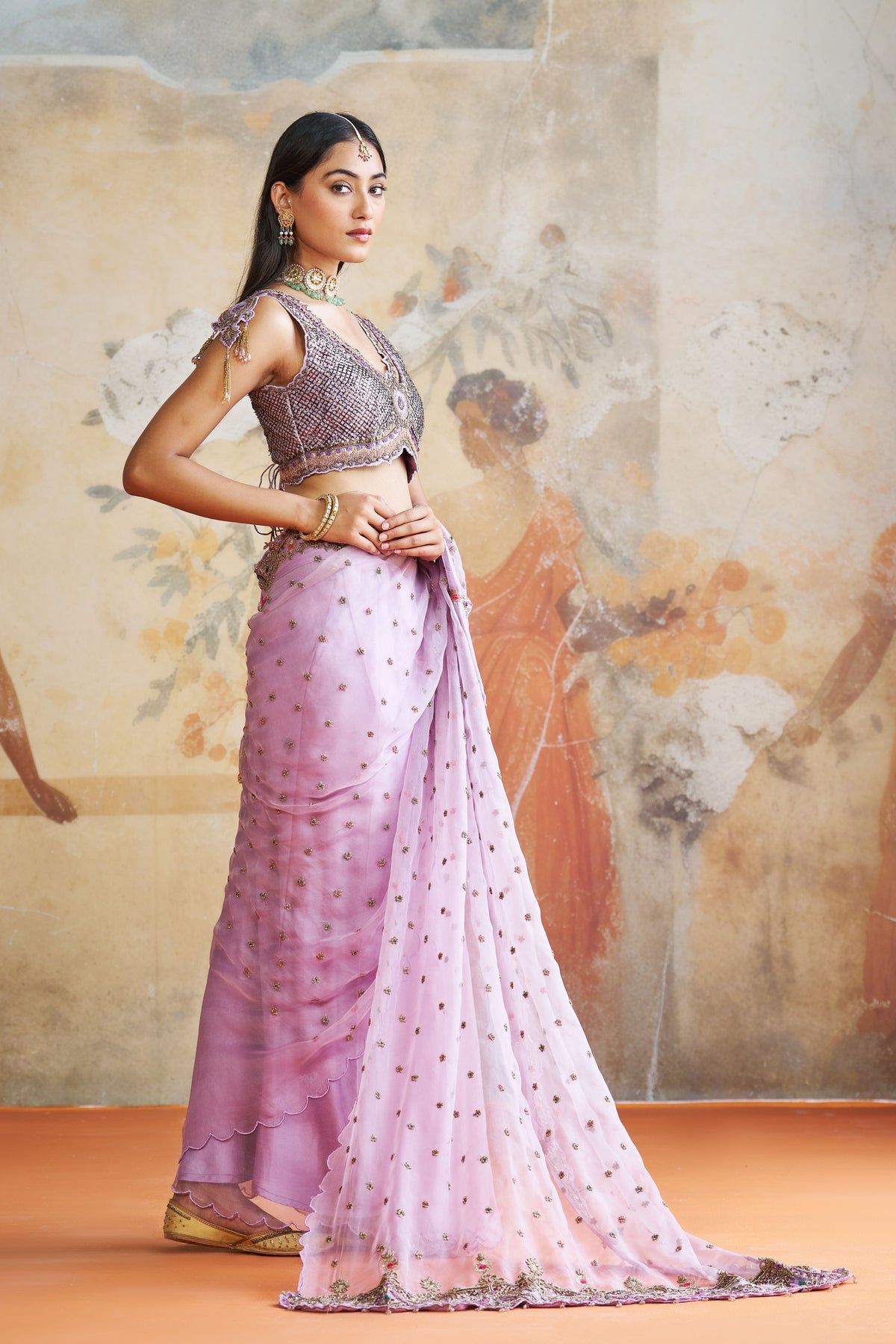 Lavender Organza Saree Set