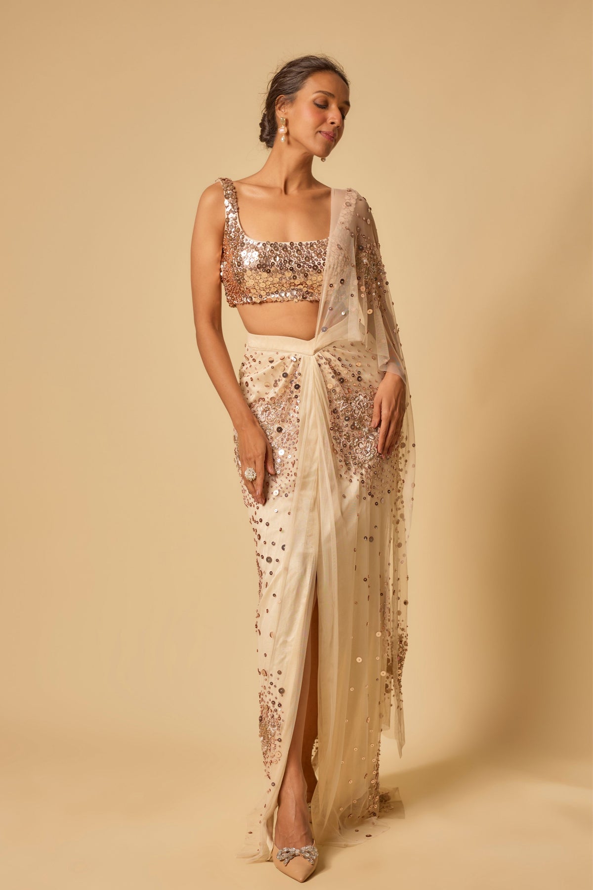 Beige Embroidered Drape saree set