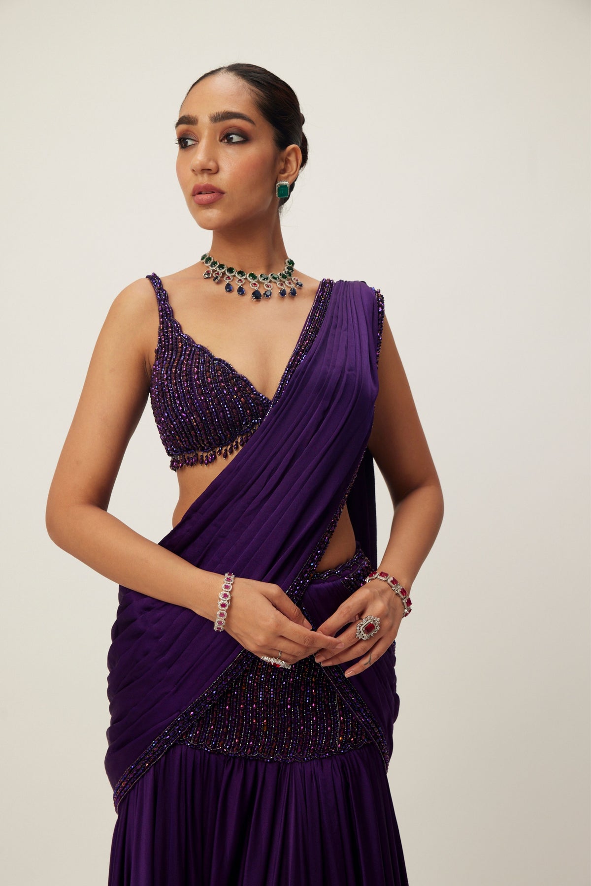 Purple Pre Draped Saree Set