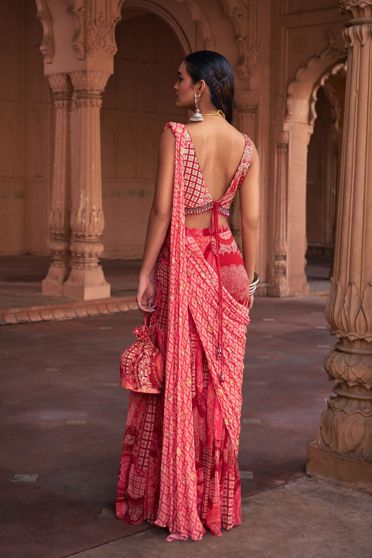 Maroon Thikri Print Draped Saree Set