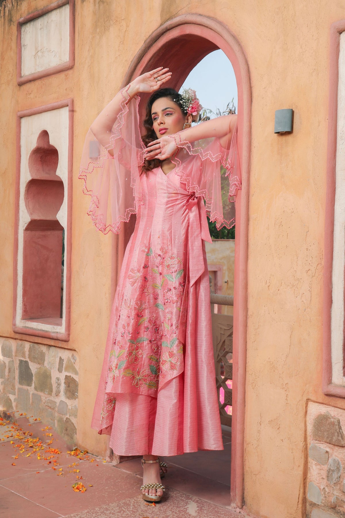 Peach Embroidered Angrakha Kurta Set