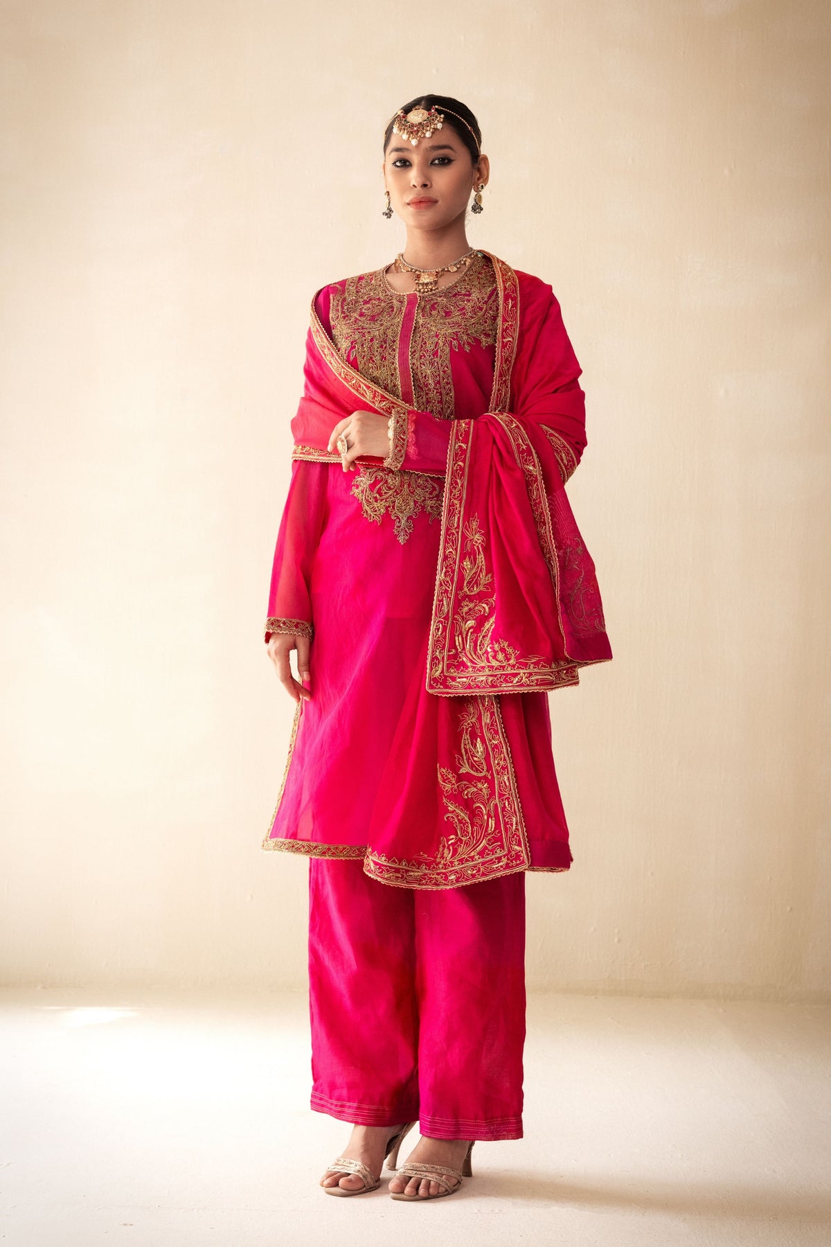 Pink Golden Embroided Kurta Set