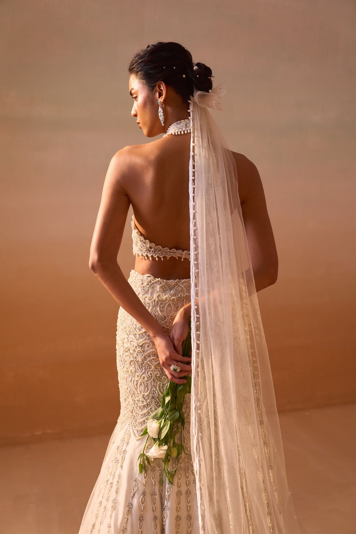 Ivory Fishtailed Skirt With Pearl Work