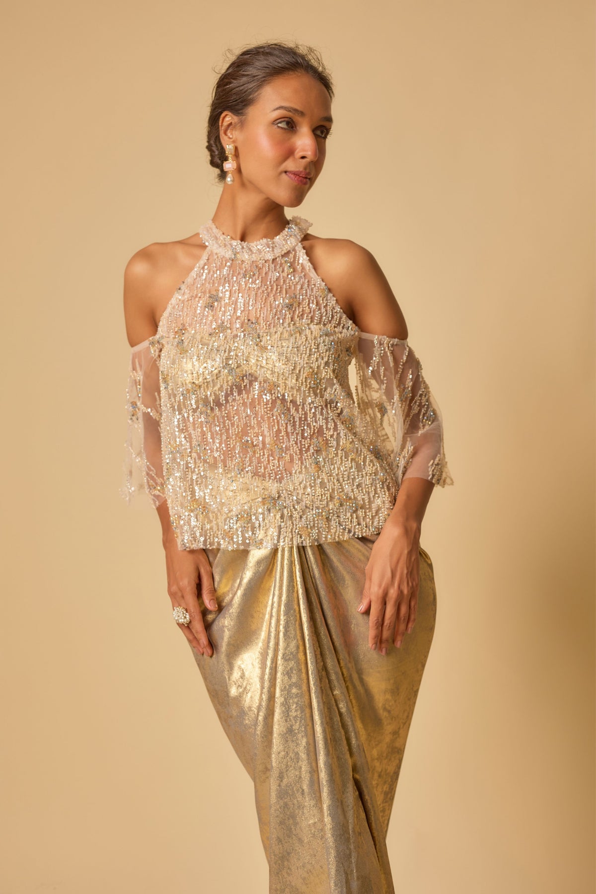 Gold Metallic Embroidered cape set