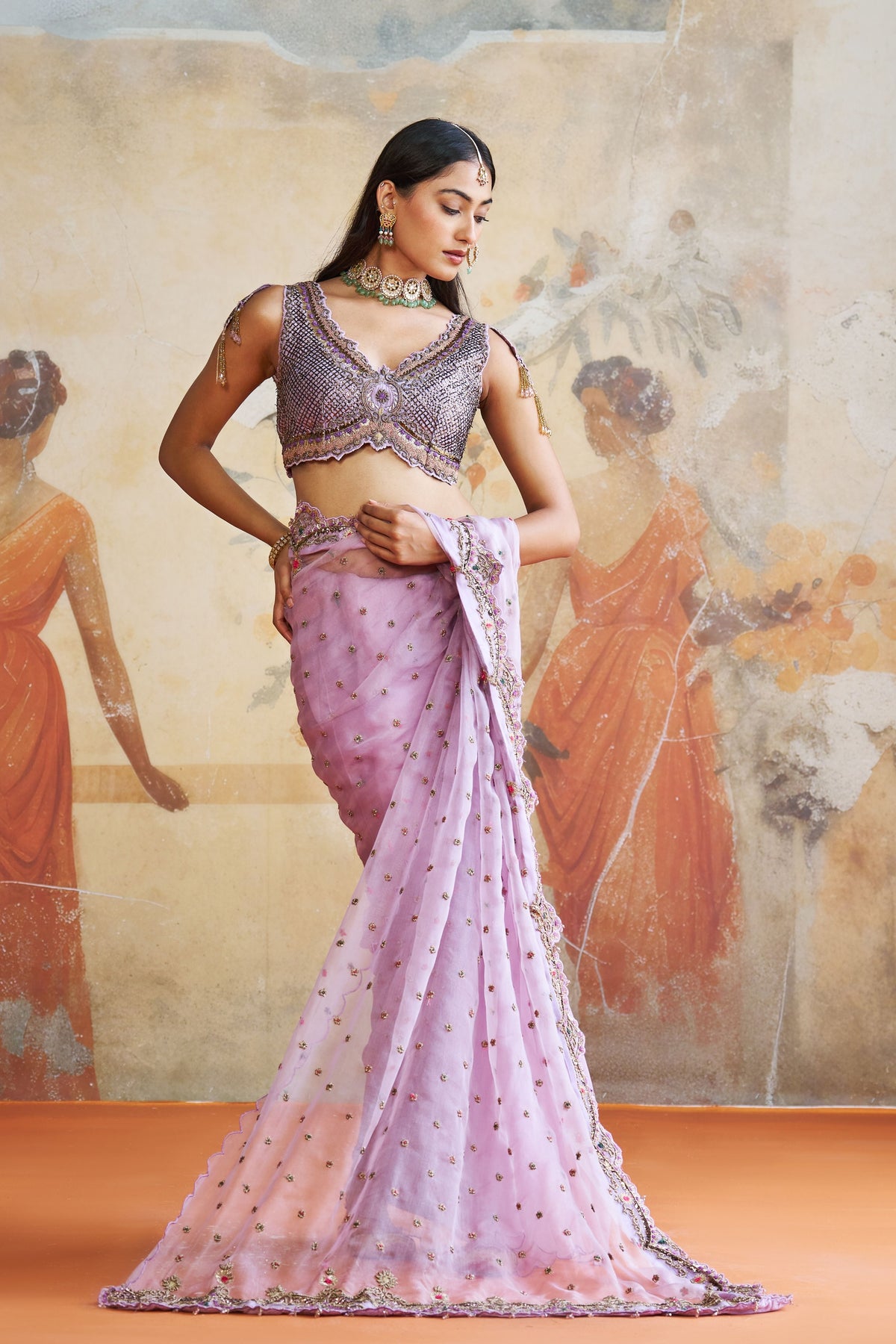 Lavender Organza Saree Set