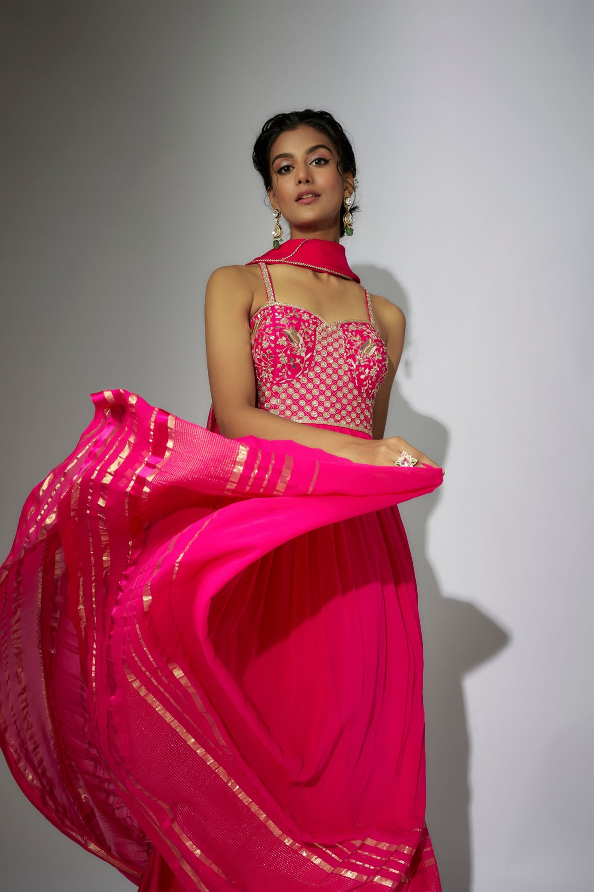 Hot Pink Off- Shoulder Gown With Dupatta