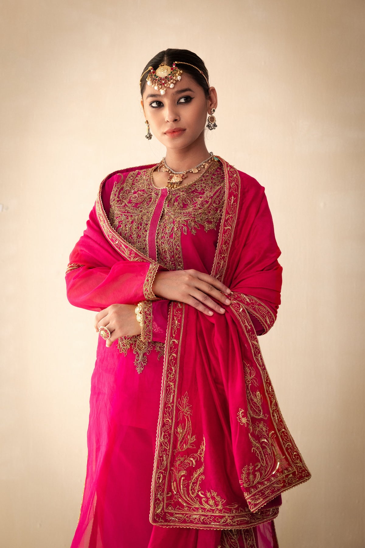 Pink Golden Embroided Kurta Set