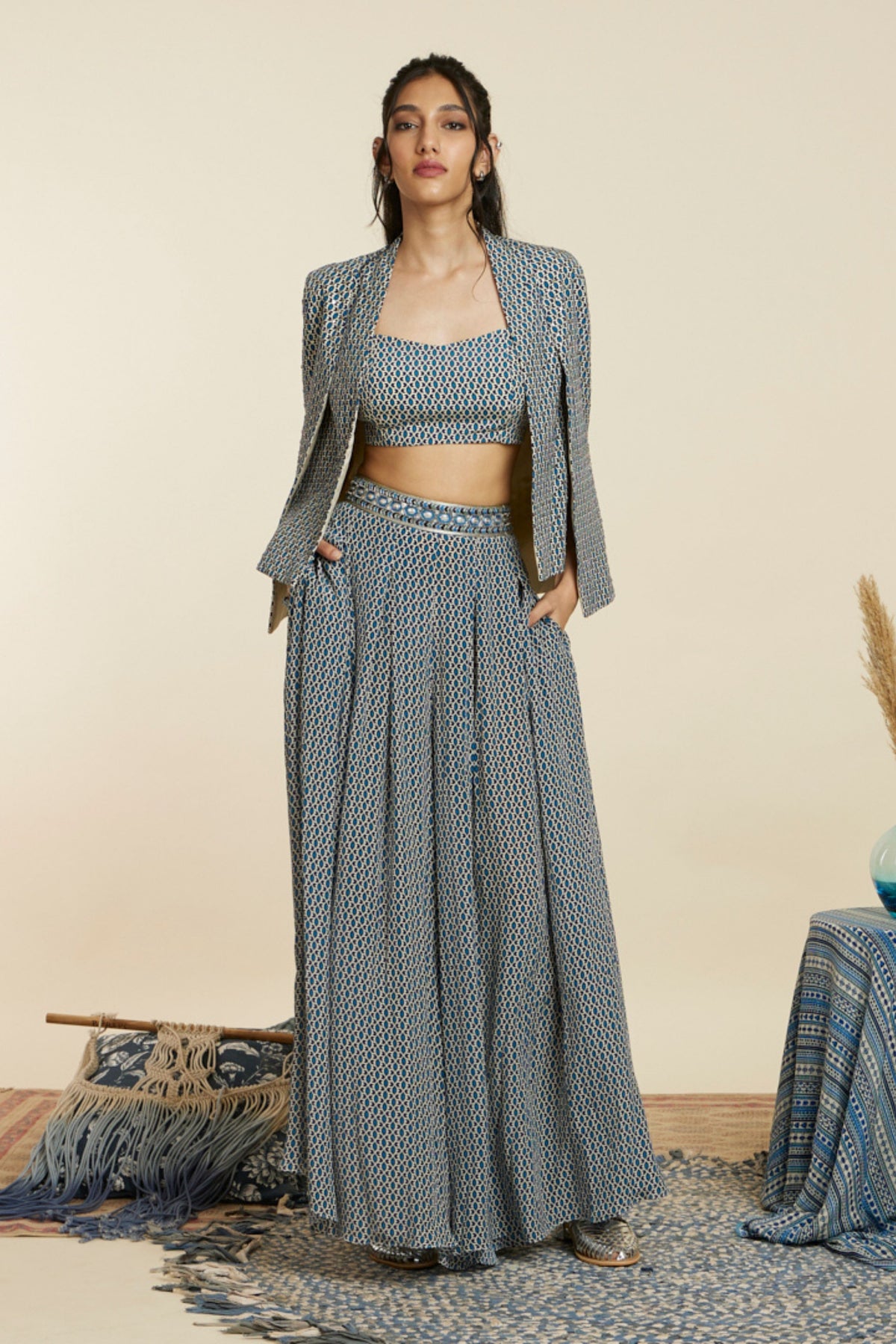 Blue Geo Print Noor Jacket Set