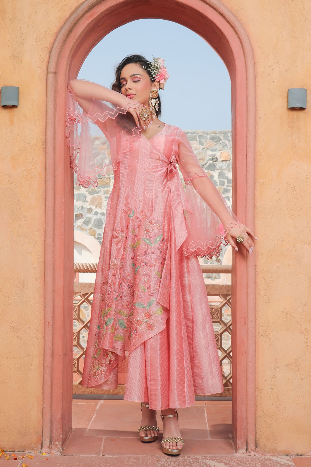 Peach Embroidered Angrakha Kurta Set