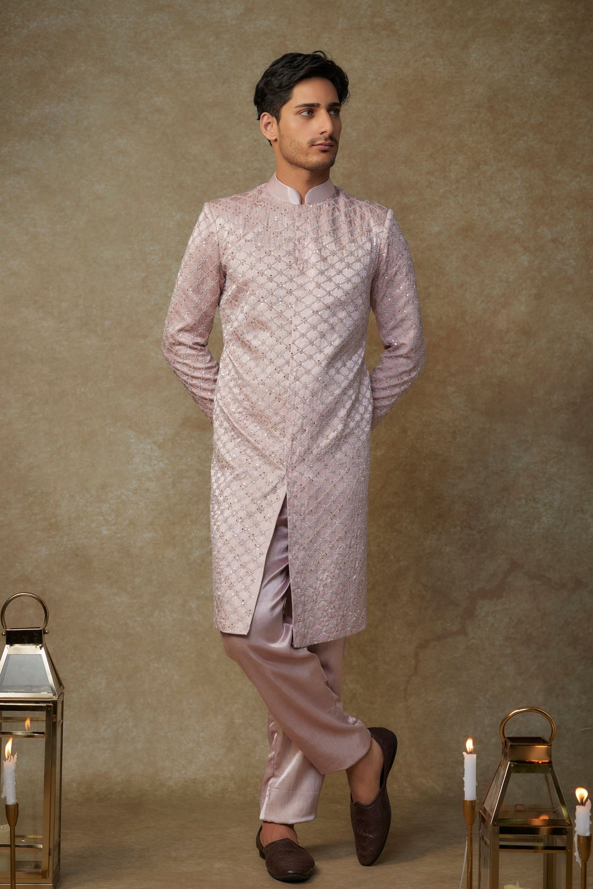 Dusty Pink Embroidered Sherwani Set