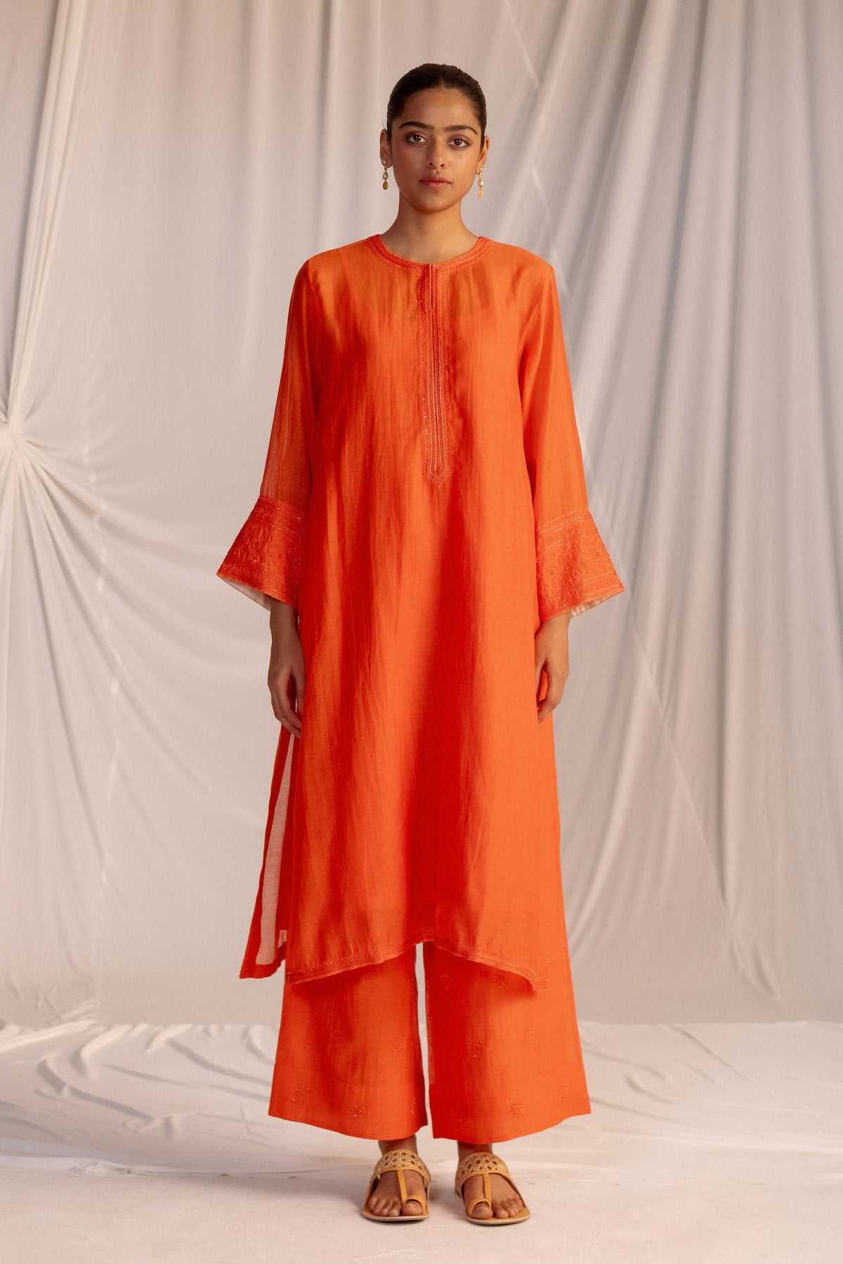 Orange Embroidered Tunic &amp; Trouser Set