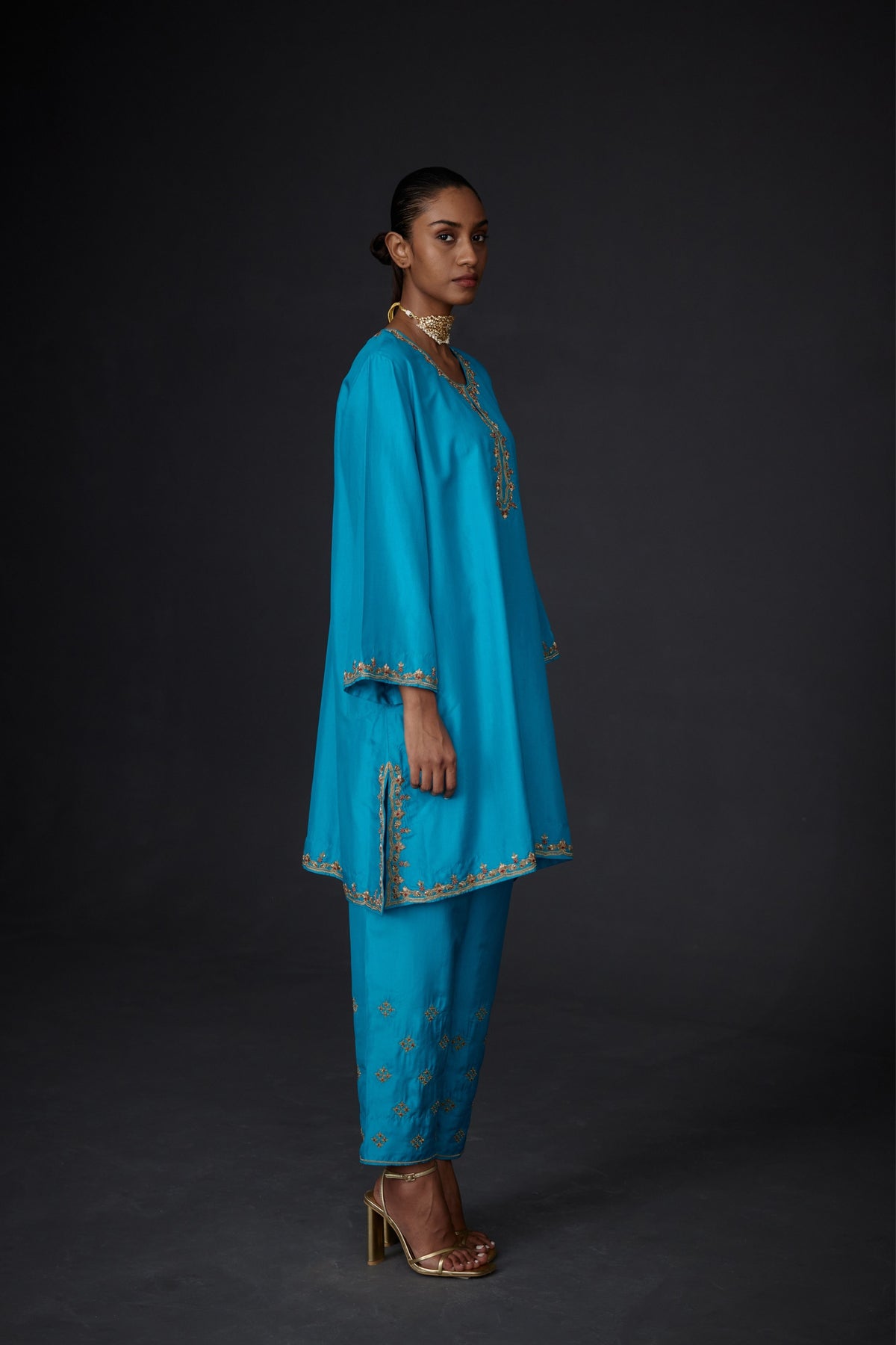 Turquoise Embroidered Tunic With Trouser