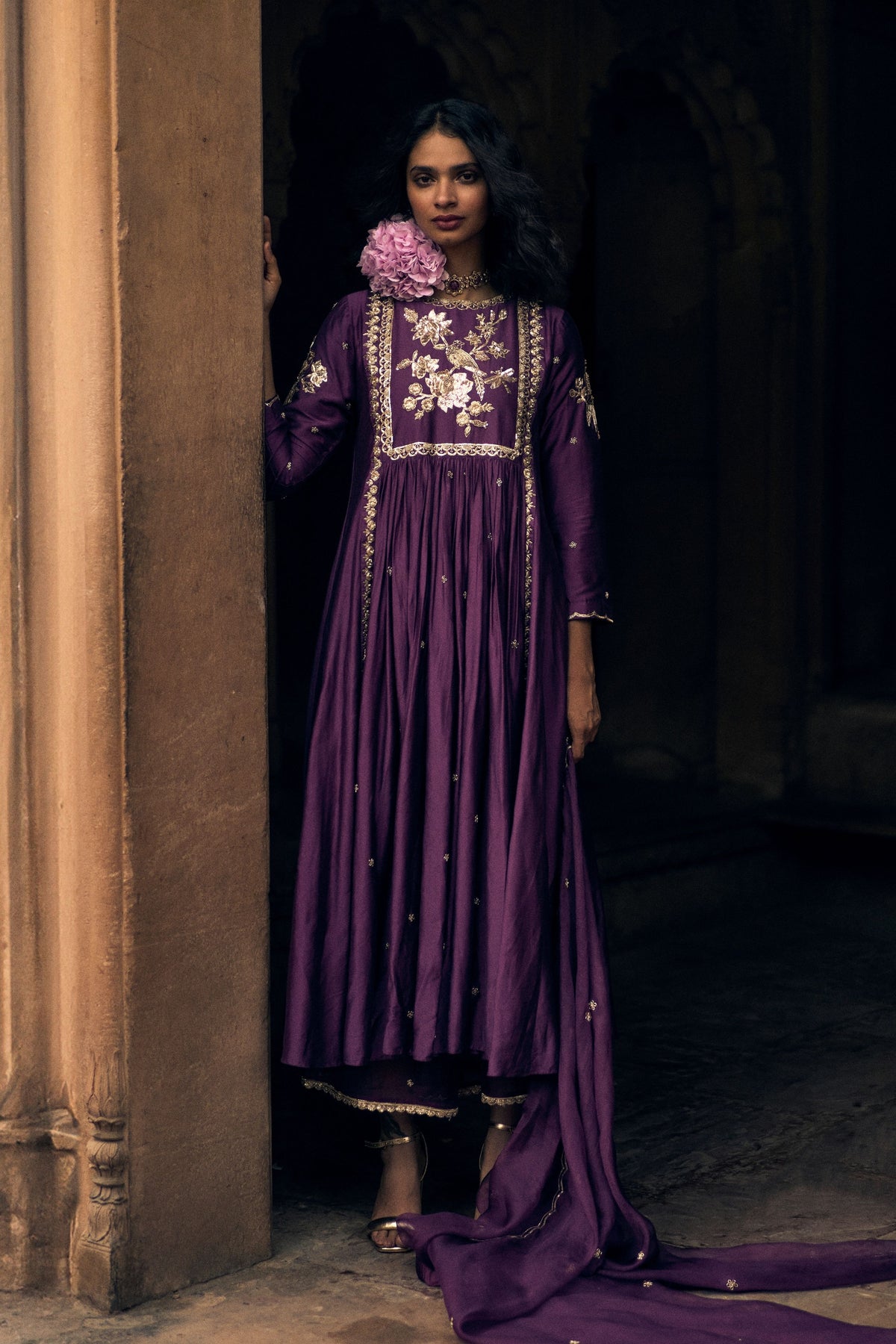 A Plum Embroidered Anarkali Set