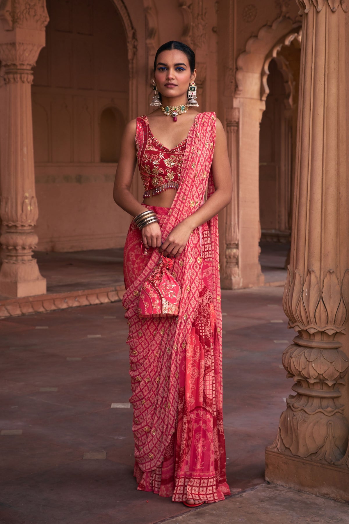 Maroon Thikri Print Draped Saree Set