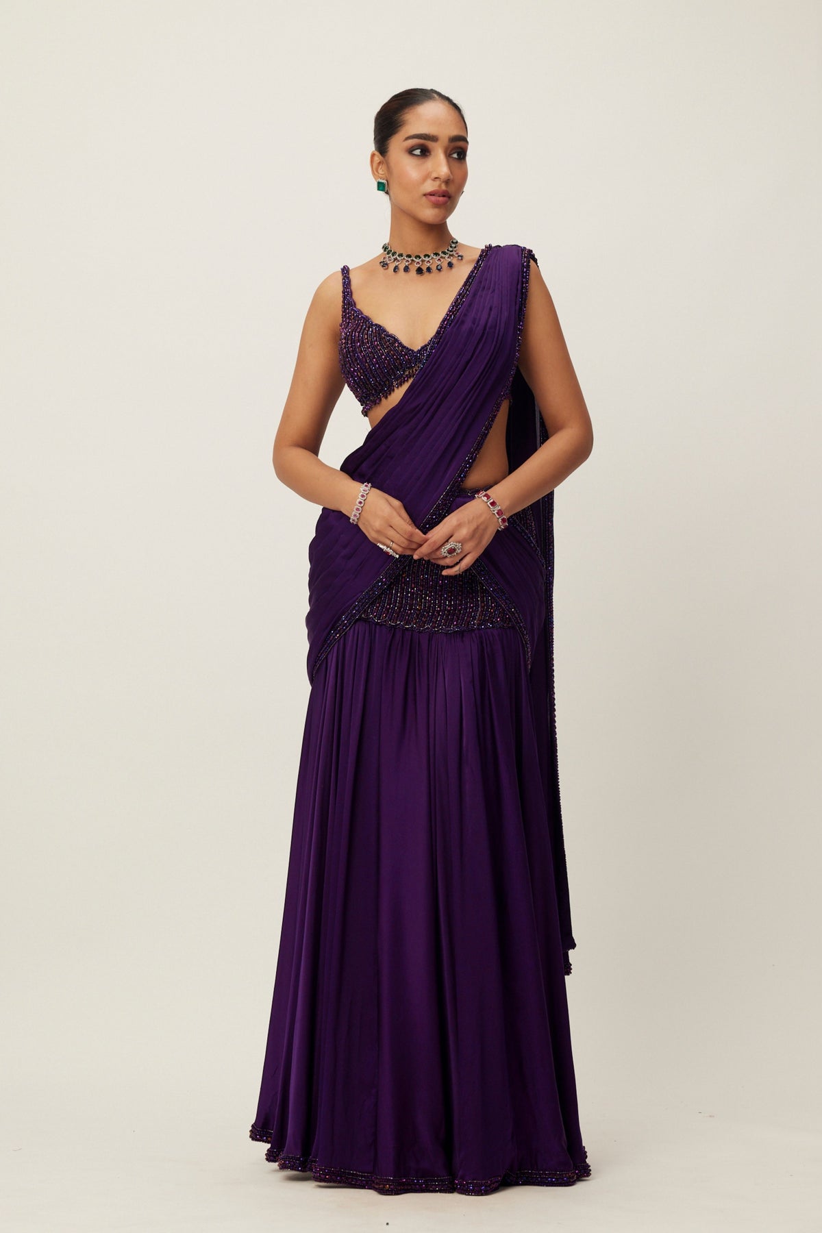 Purple Pre Draped Saree Set