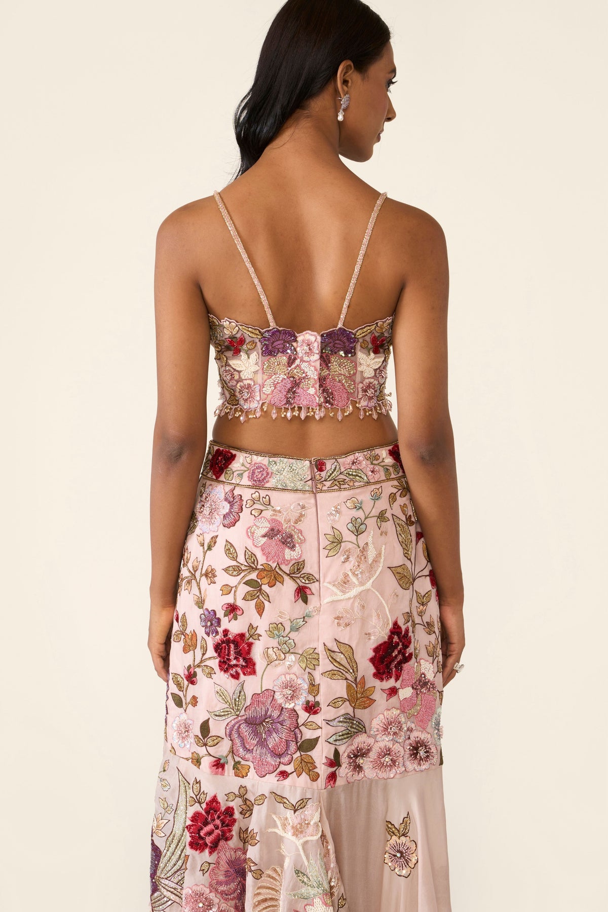 Pink Embroidered Asymmetric Skirt Set