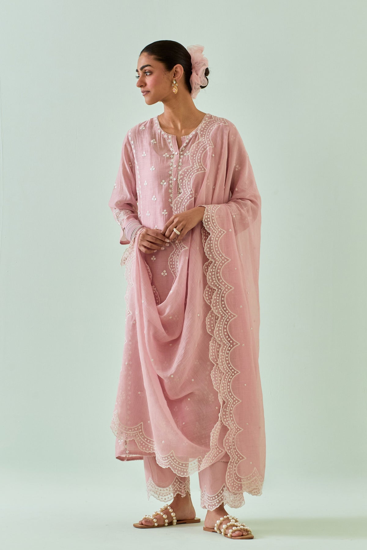 Pink Scalloped Straight Kurta Set