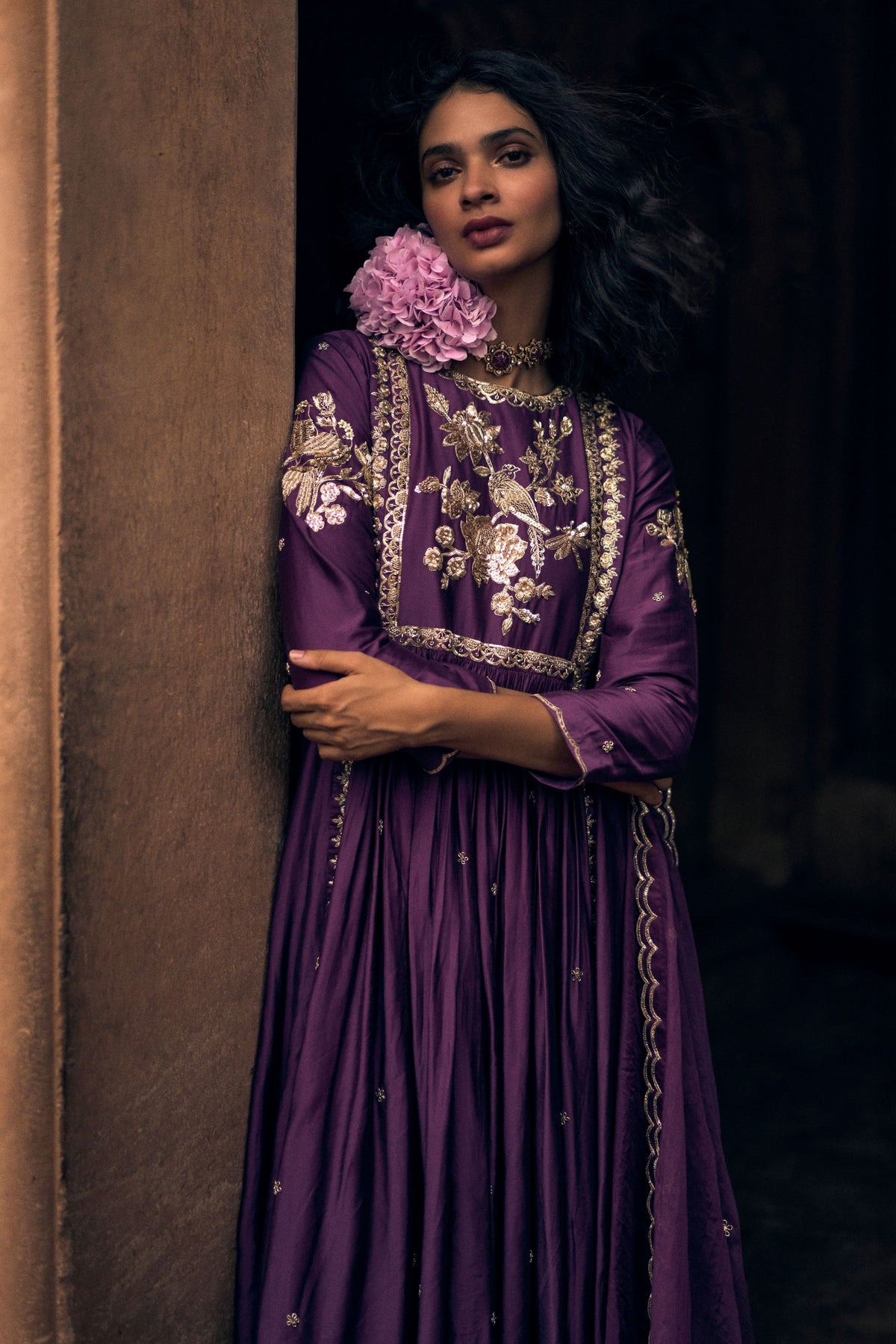 A Plum Embroidered Anarkali Set