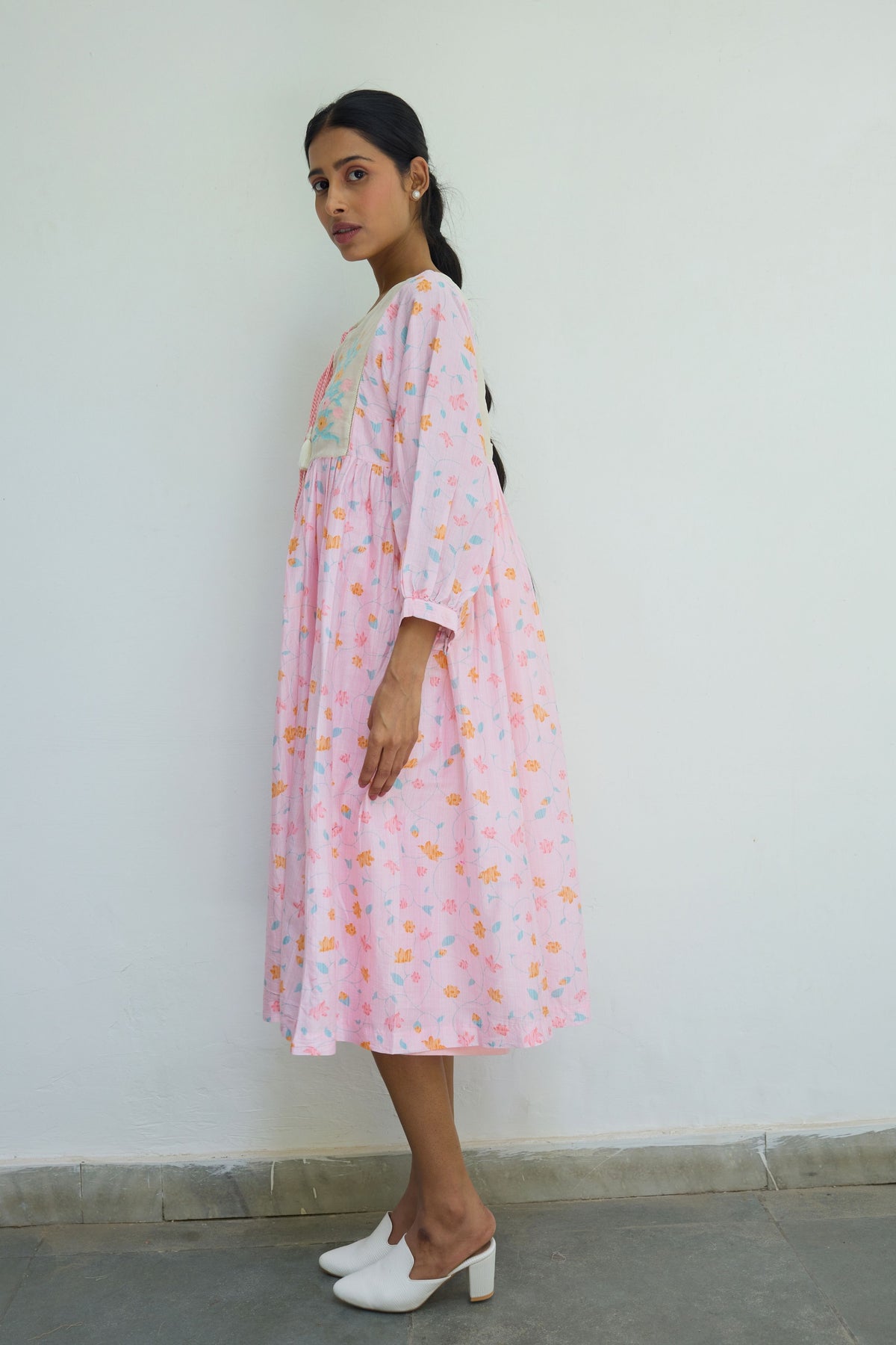 Pink Floral Chanderi Dress