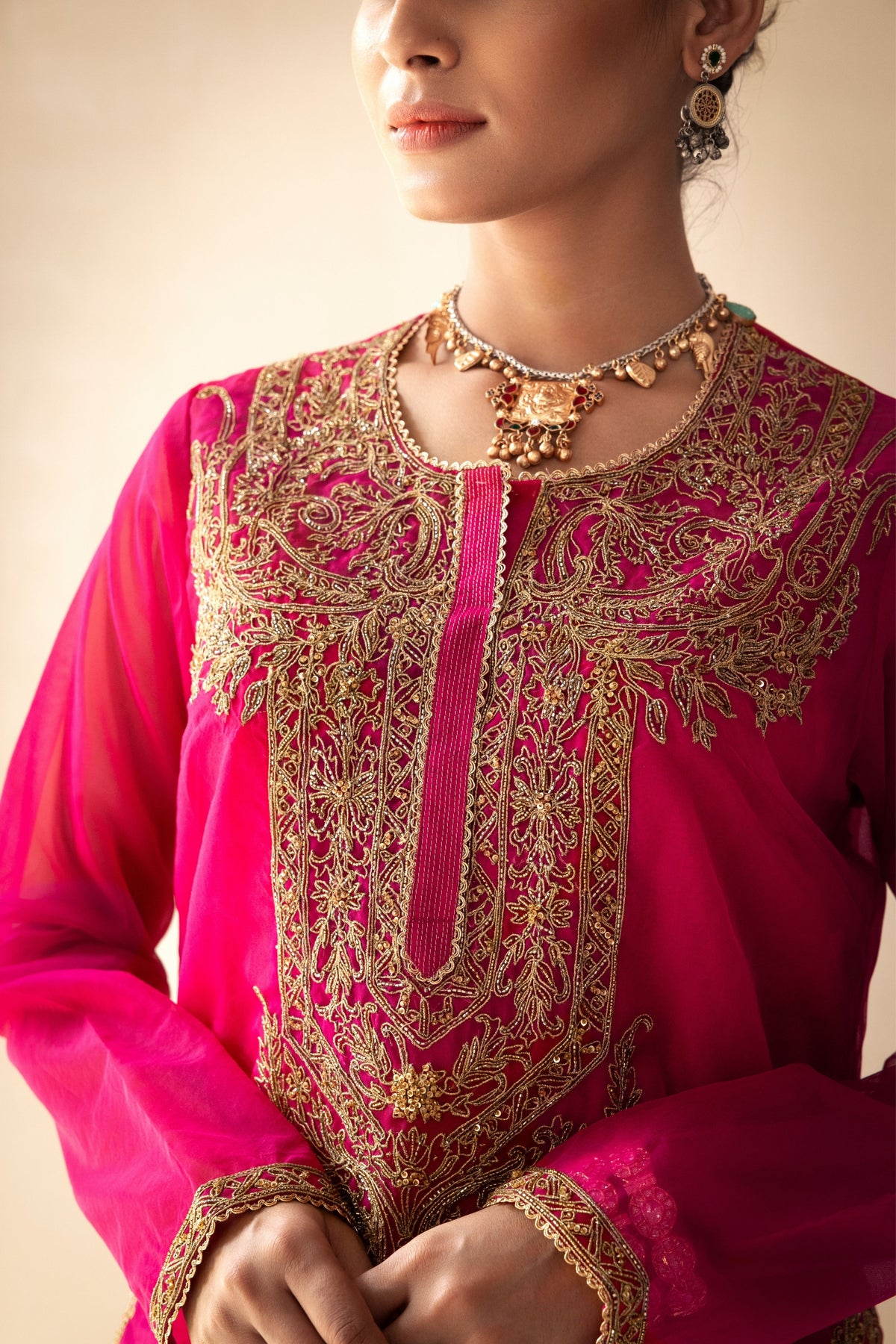 Pink Golden Embroided Kurta Set