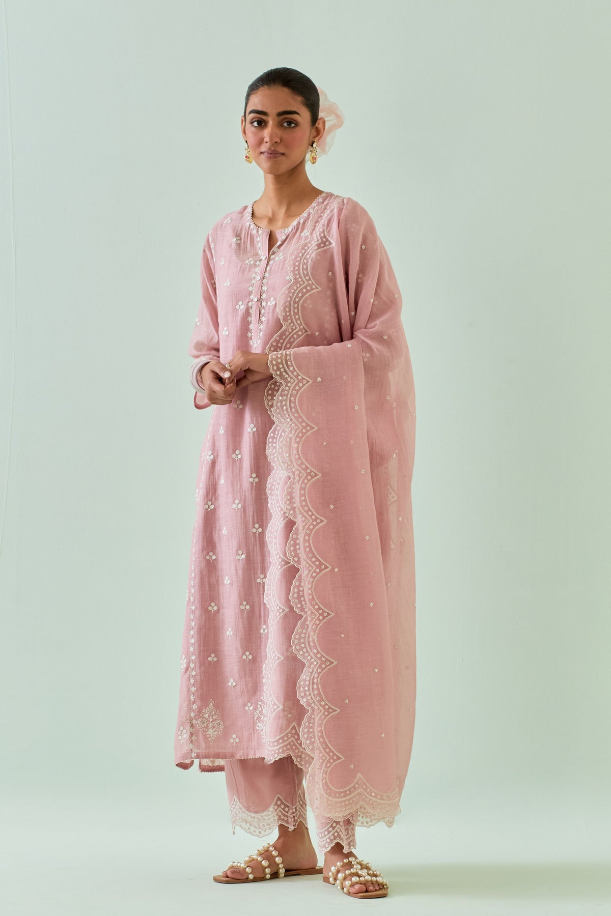 Pink Scalloped Straight Kurta Set