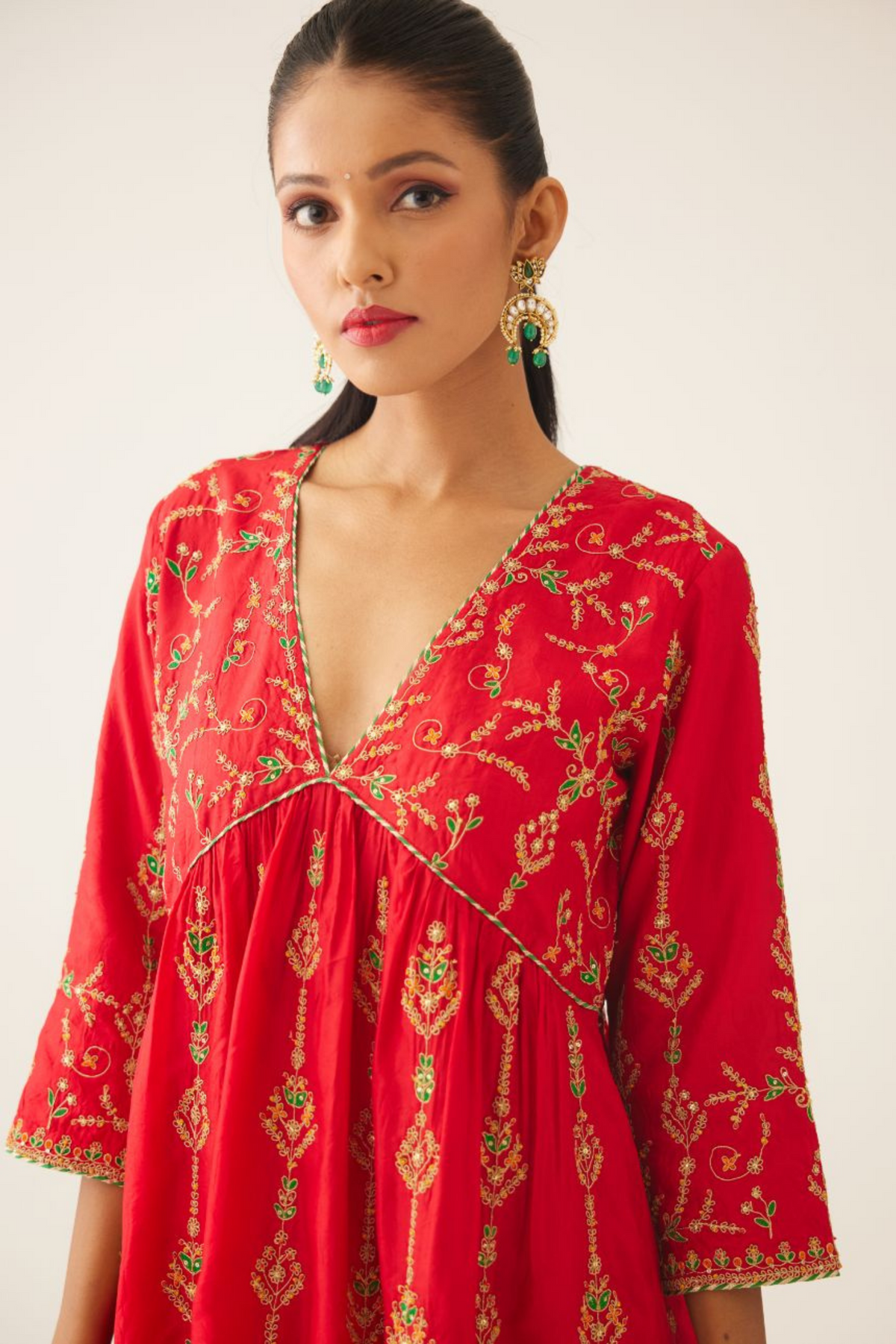 Red Silk Embroiderd Kurta Set