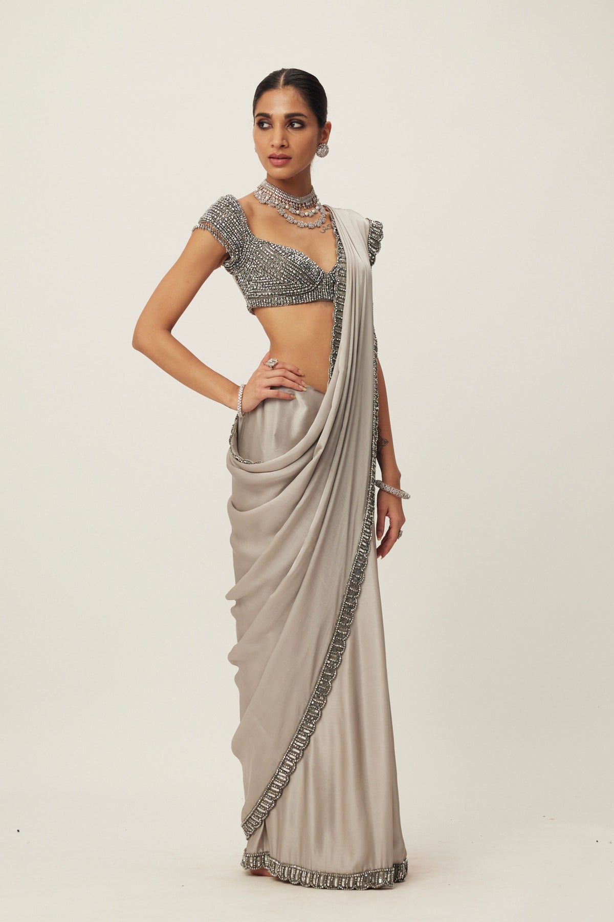 Crystal Grey Satin Saree Set