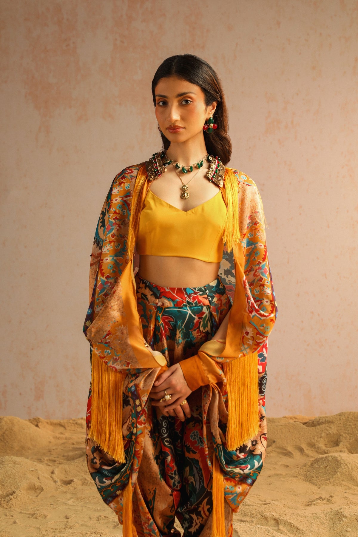 Yellow Cape Set With Harem Pants