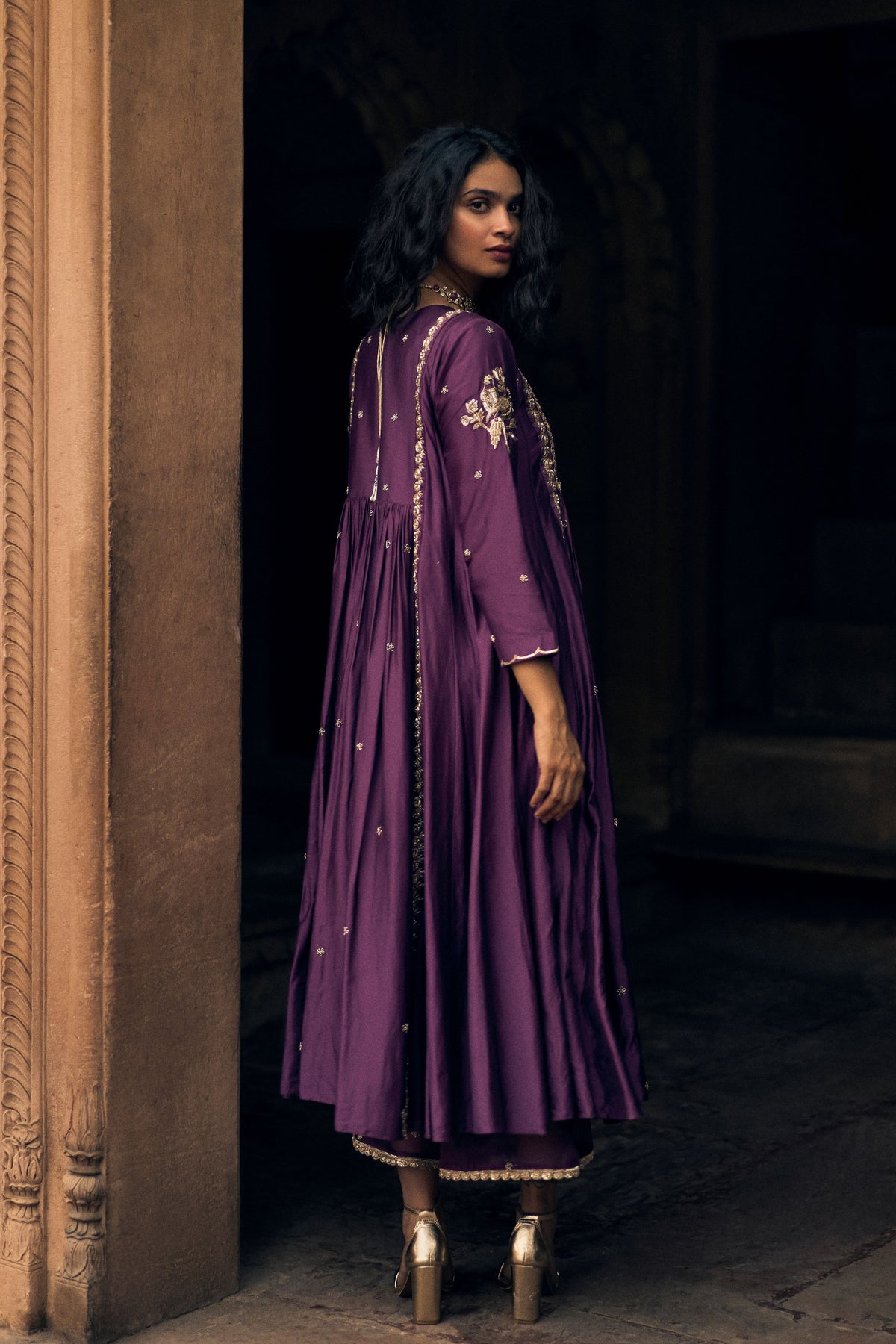 A Plum Embroidered Anarkali Set