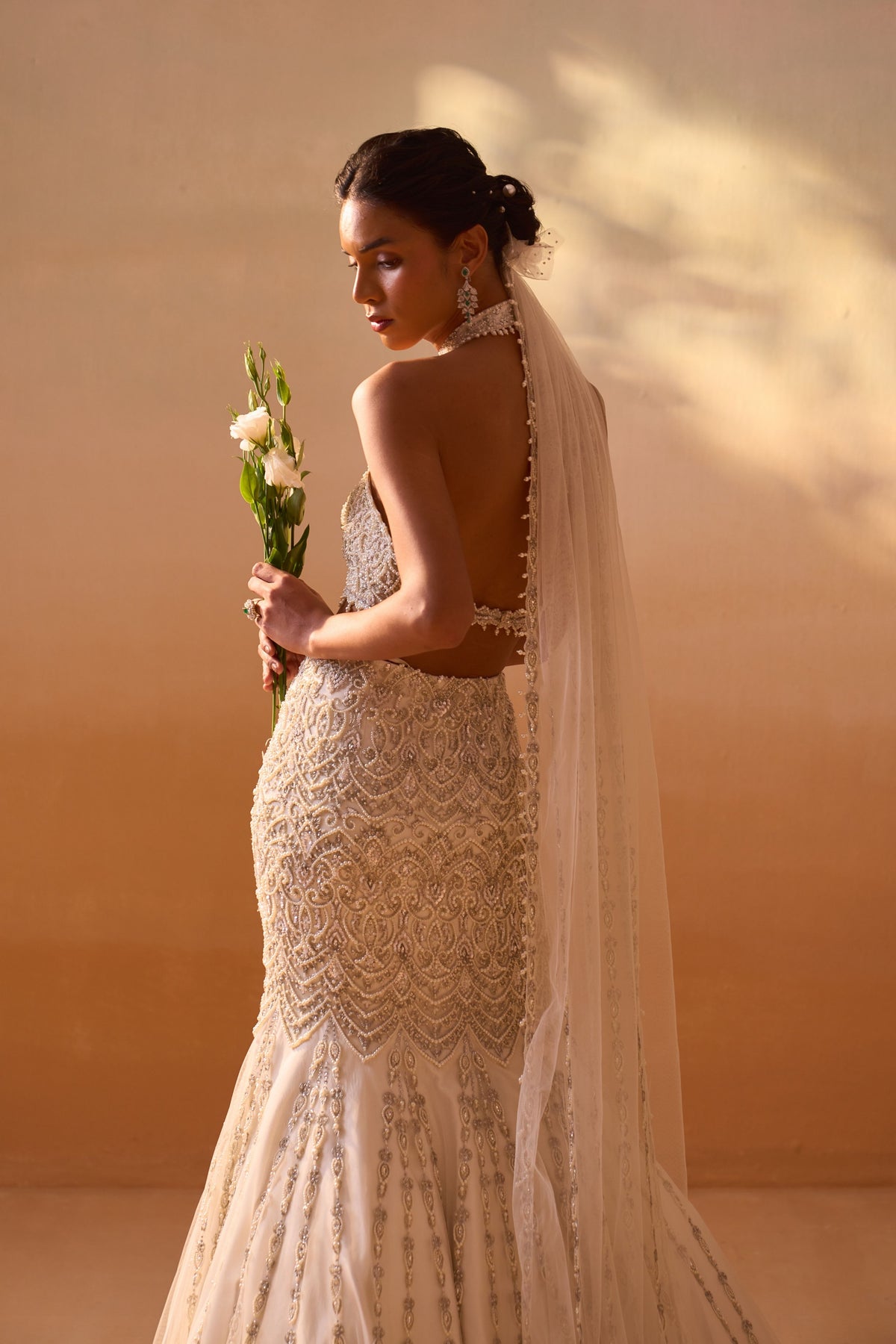 Ivory Fishtailed Skirt With Pearl Work