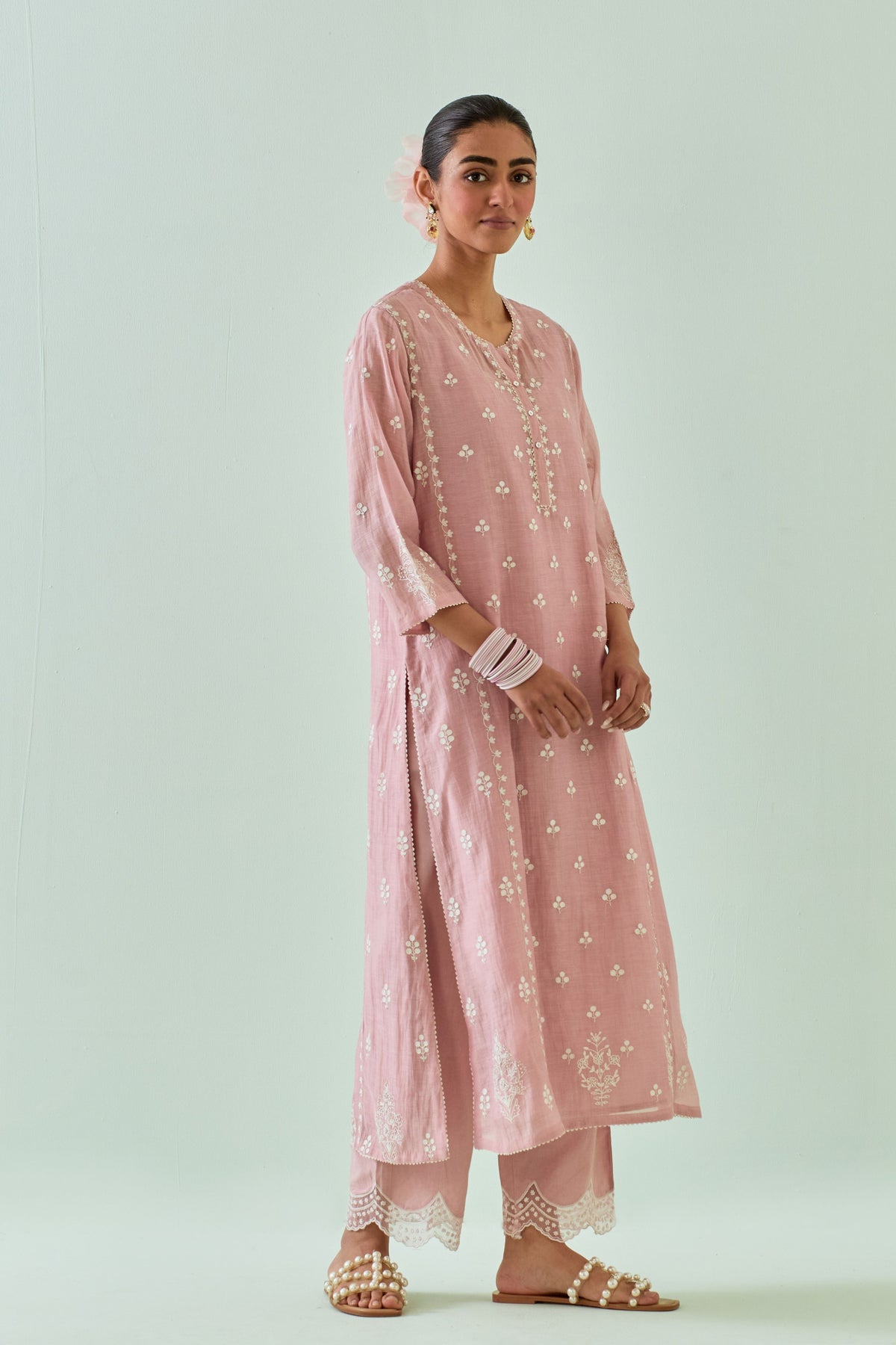 Pink Scalloped Straight Kurta Set